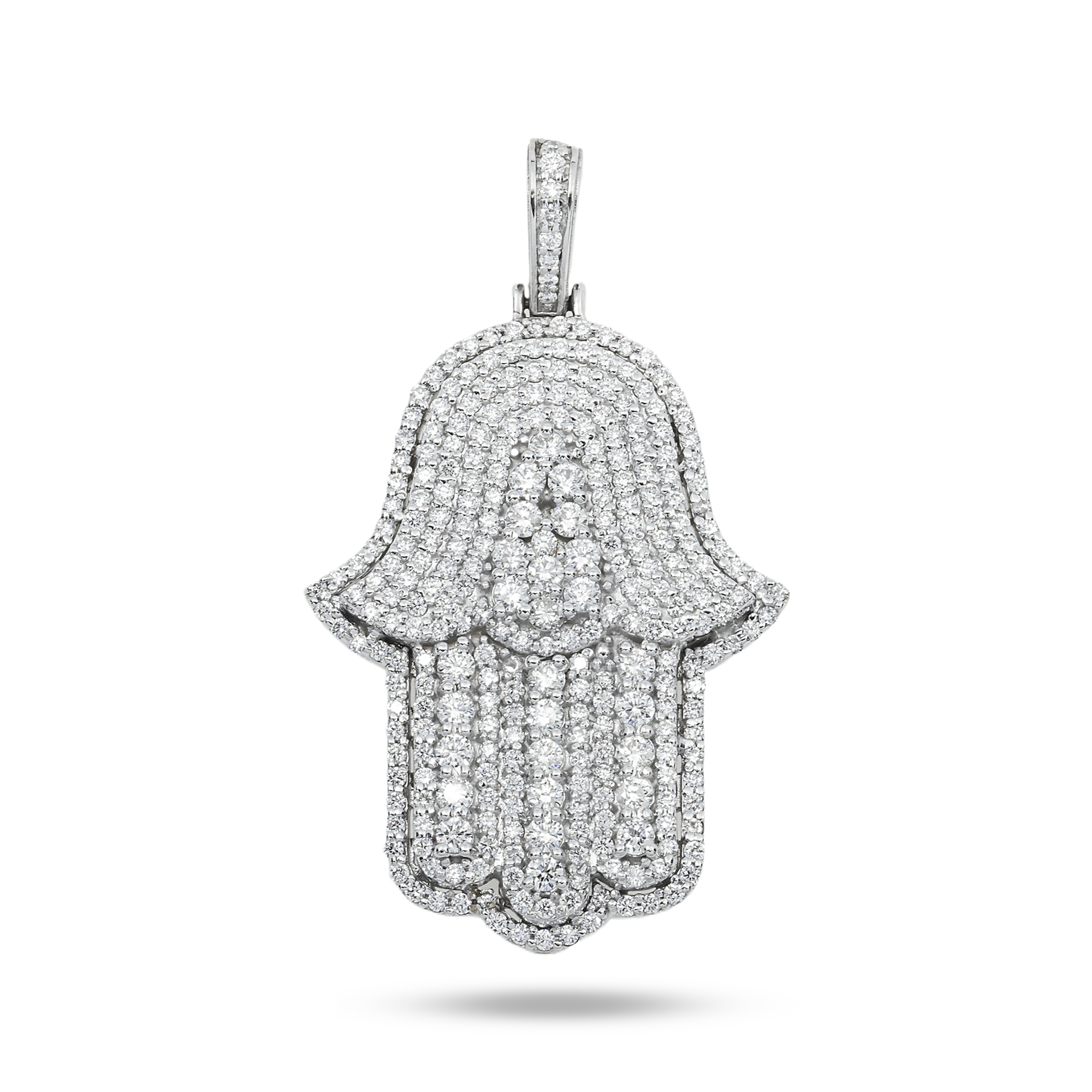 14K White Gold Round Diamond Bilevel Hamsa Pendant 4.0Ct