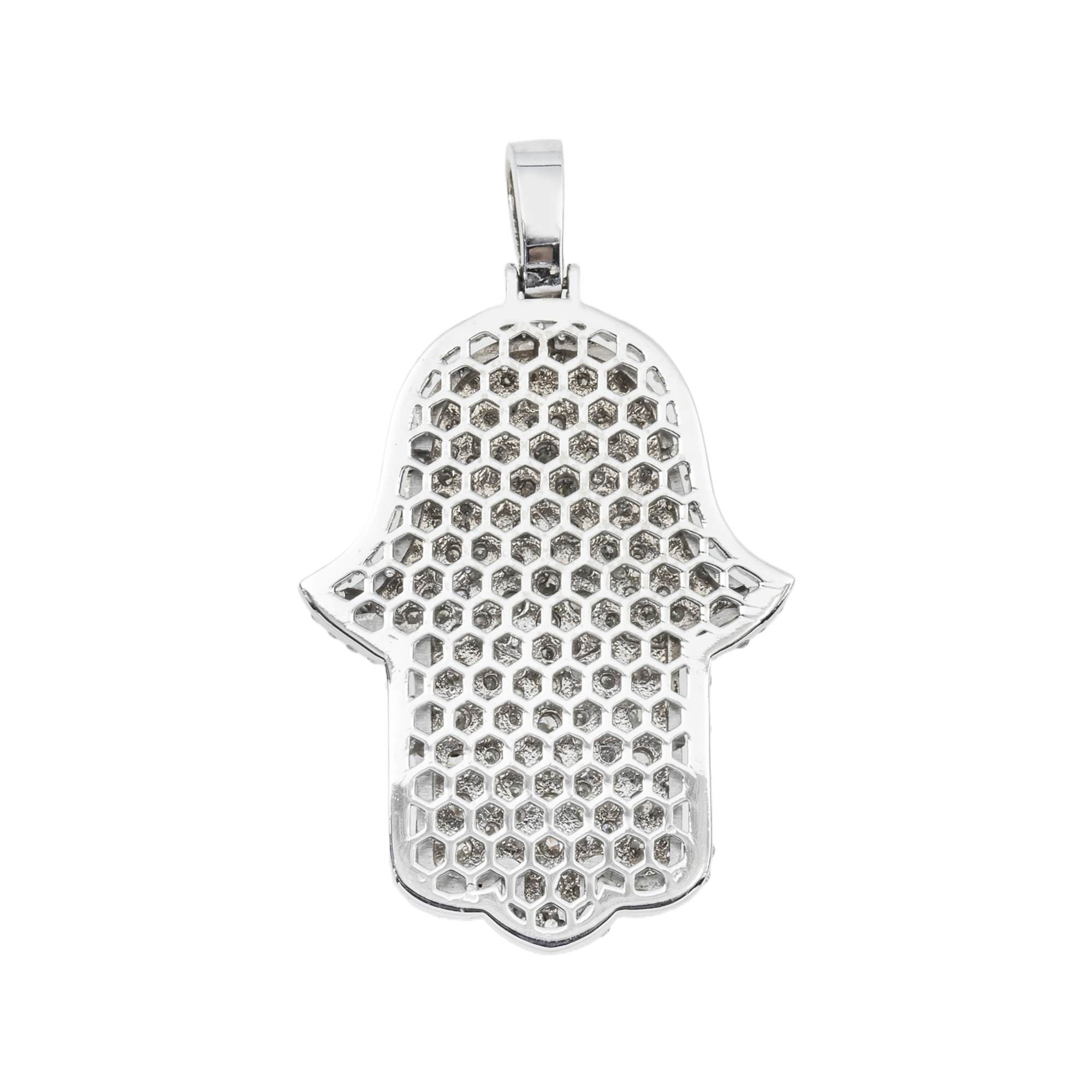 14K White Gold Round Diamond Bilevel Hamsa Pendant 4.0Ct