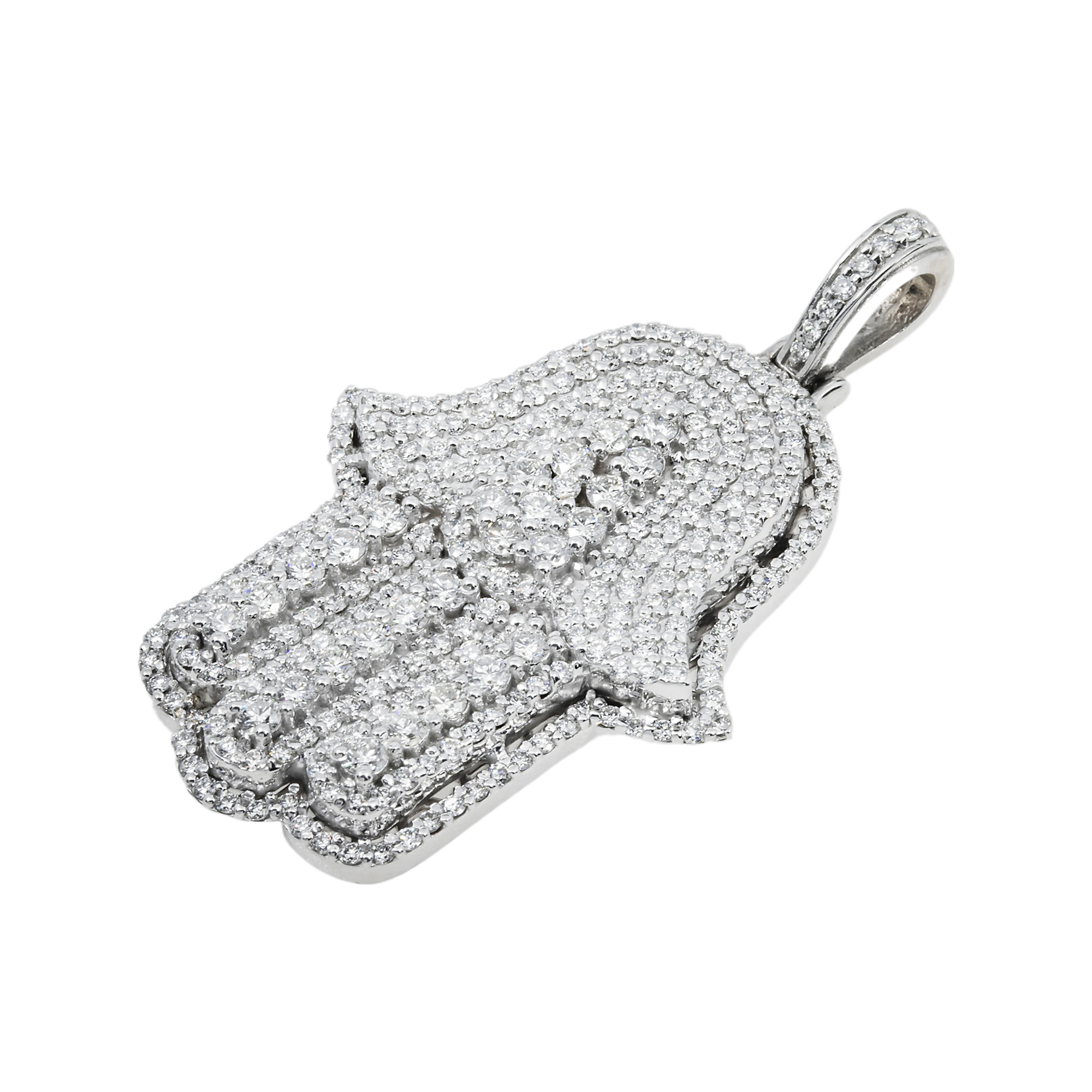 14K White Gold Round Diamond Bilevel Hamsa Pendant 4.0Ct