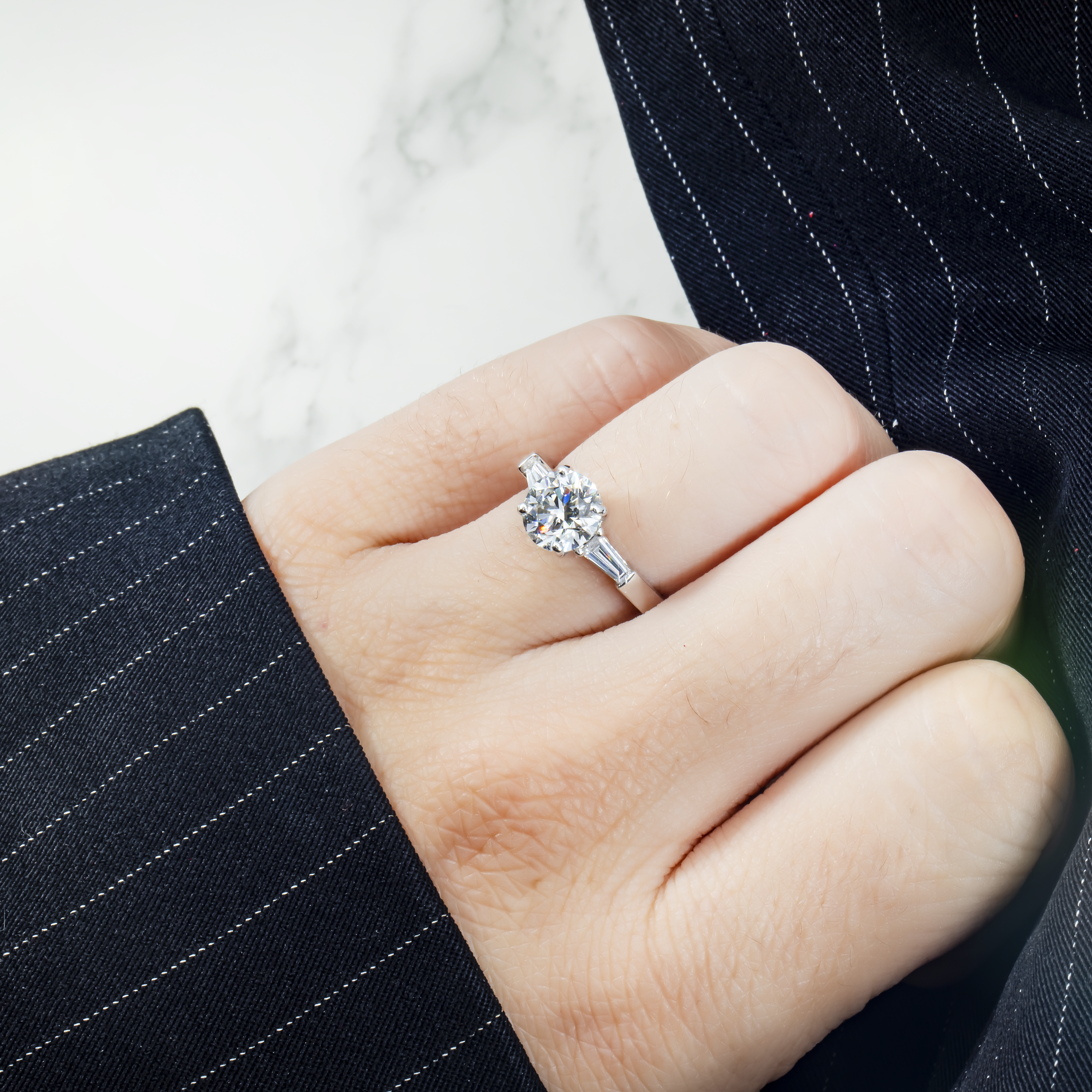 Platinum 1.73Ct Round Cut Triple Diamond Engagement Ring 2.03Ctw Bridal
