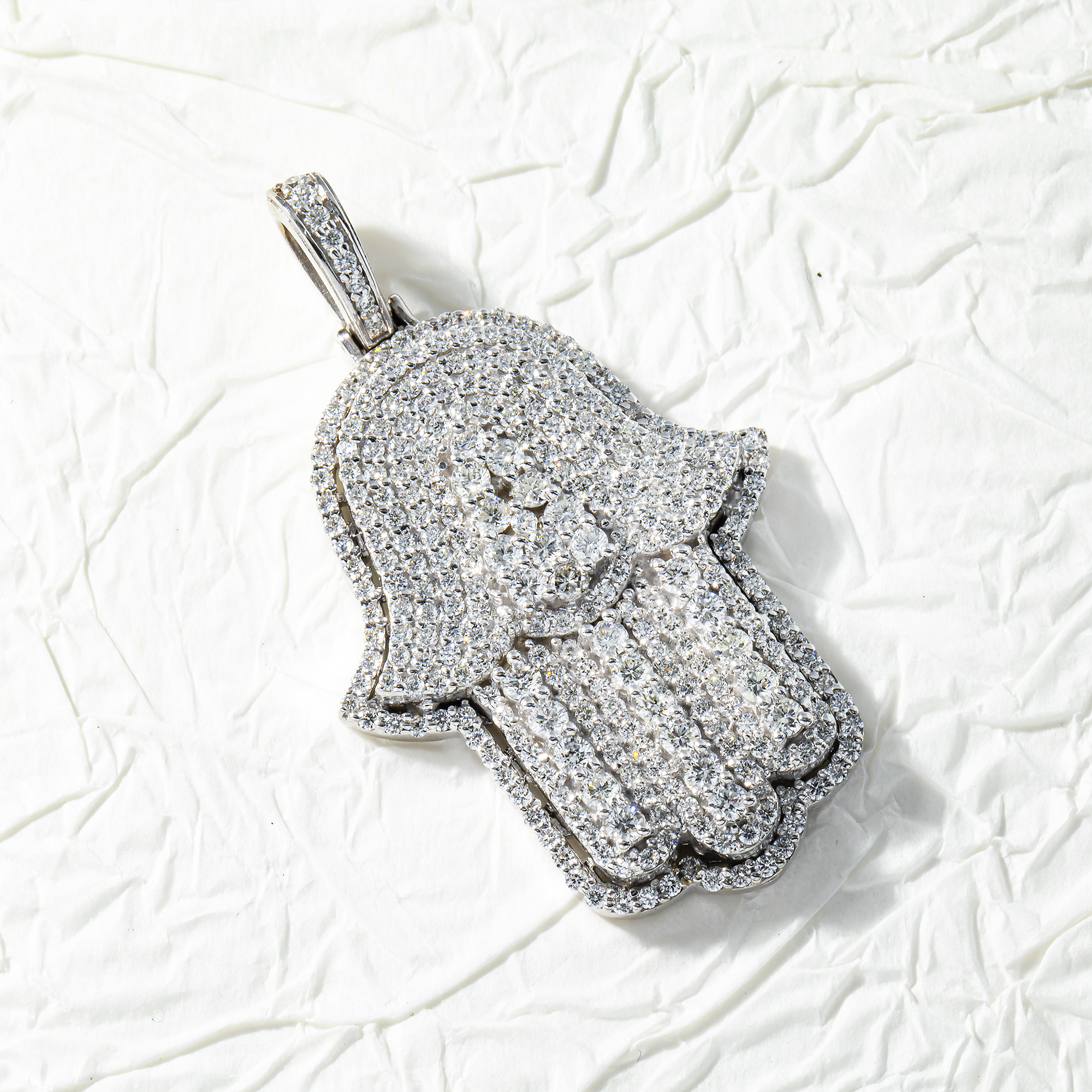 14K White Gold Round Diamond Bilevel Hamsa Pendant 4.0Ct