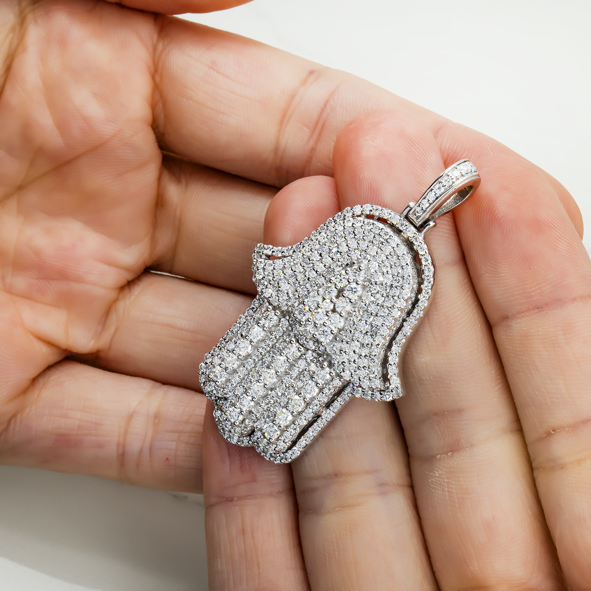 14K White Gold Round Diamond Bilevel Hamsa Pendant 4.0Ct