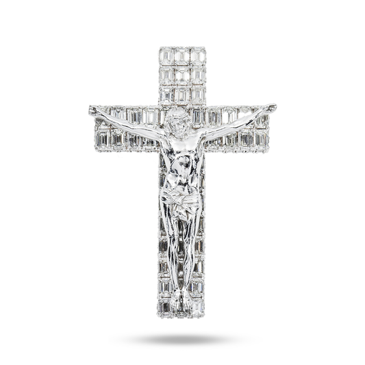 14K White Gold Emerald & Round Diamond Jesus Cross Pendant 9.82ct