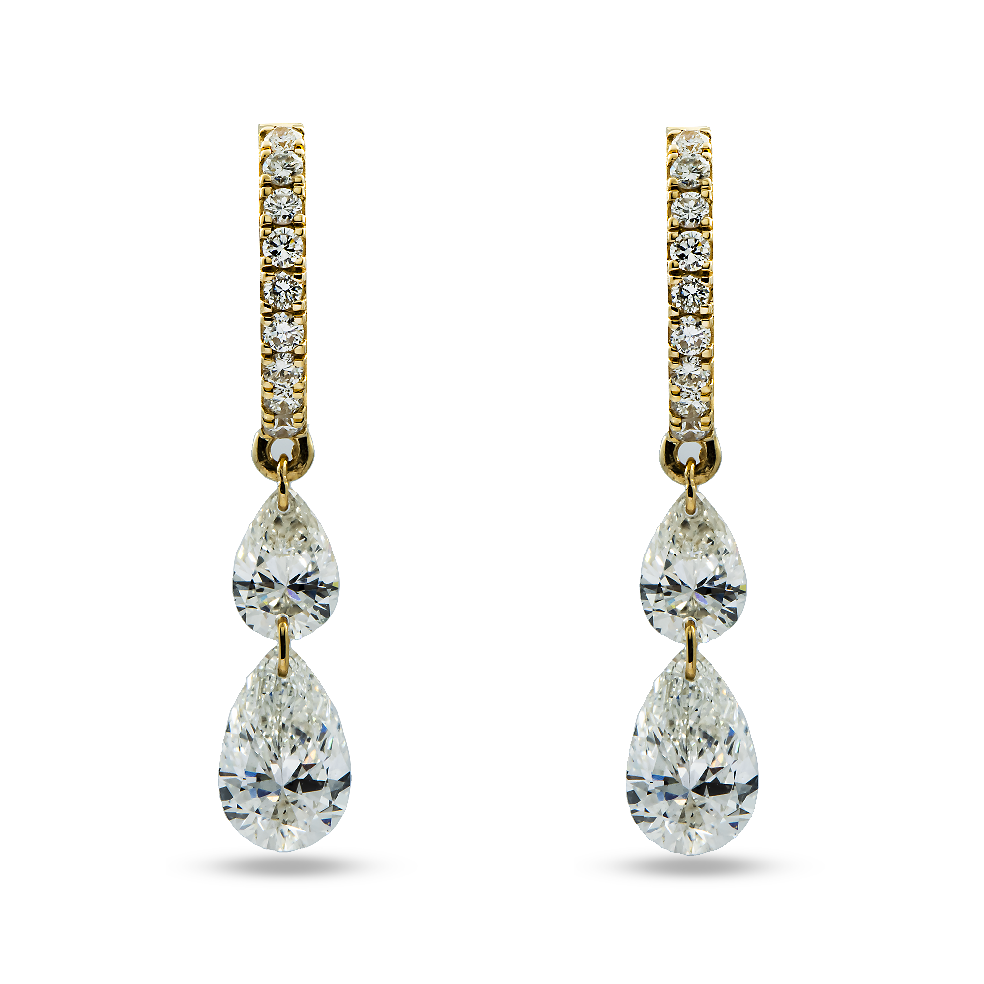 14K Yellow Gold Round & Pear Cut Diamond Huggie Drop Earrings 2.55ctw