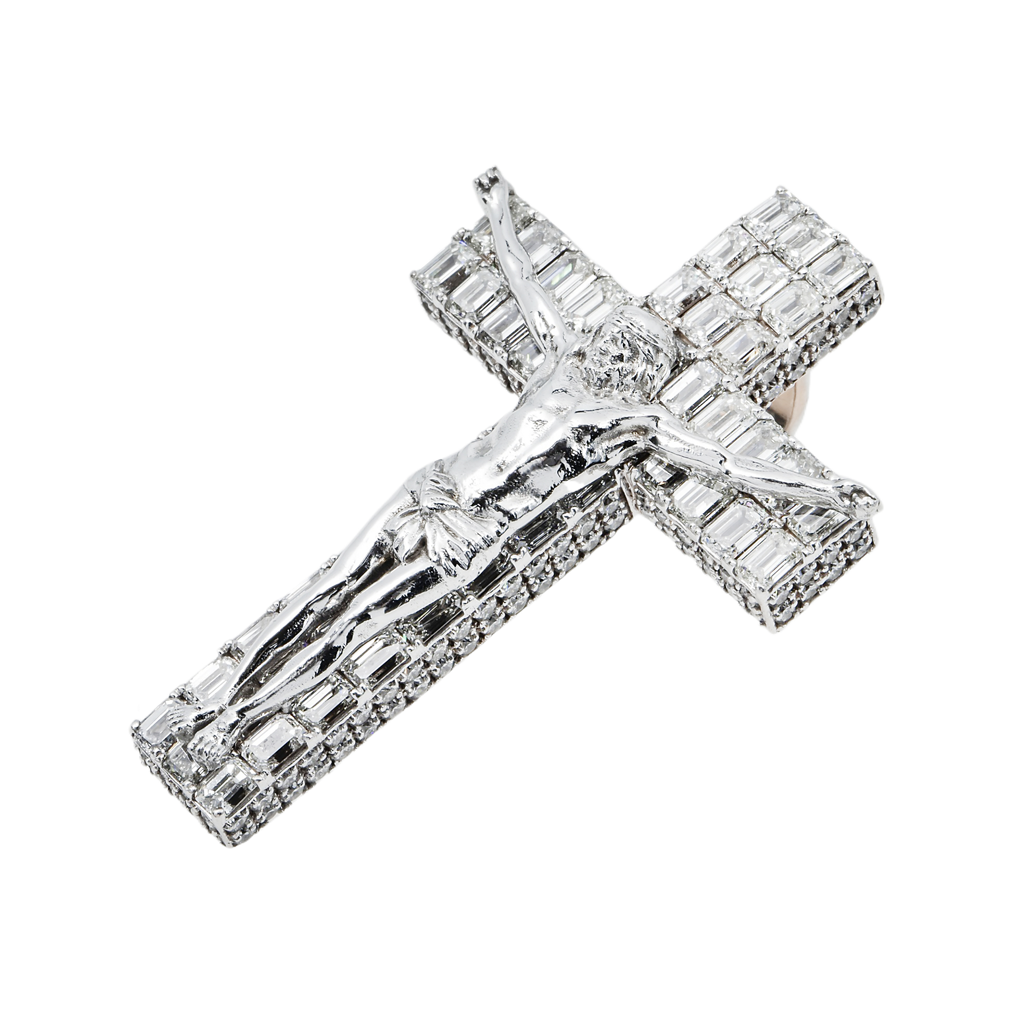 14K White Gold Emerald & Round Diamond Jesus Cross Pendant 9.82Ct