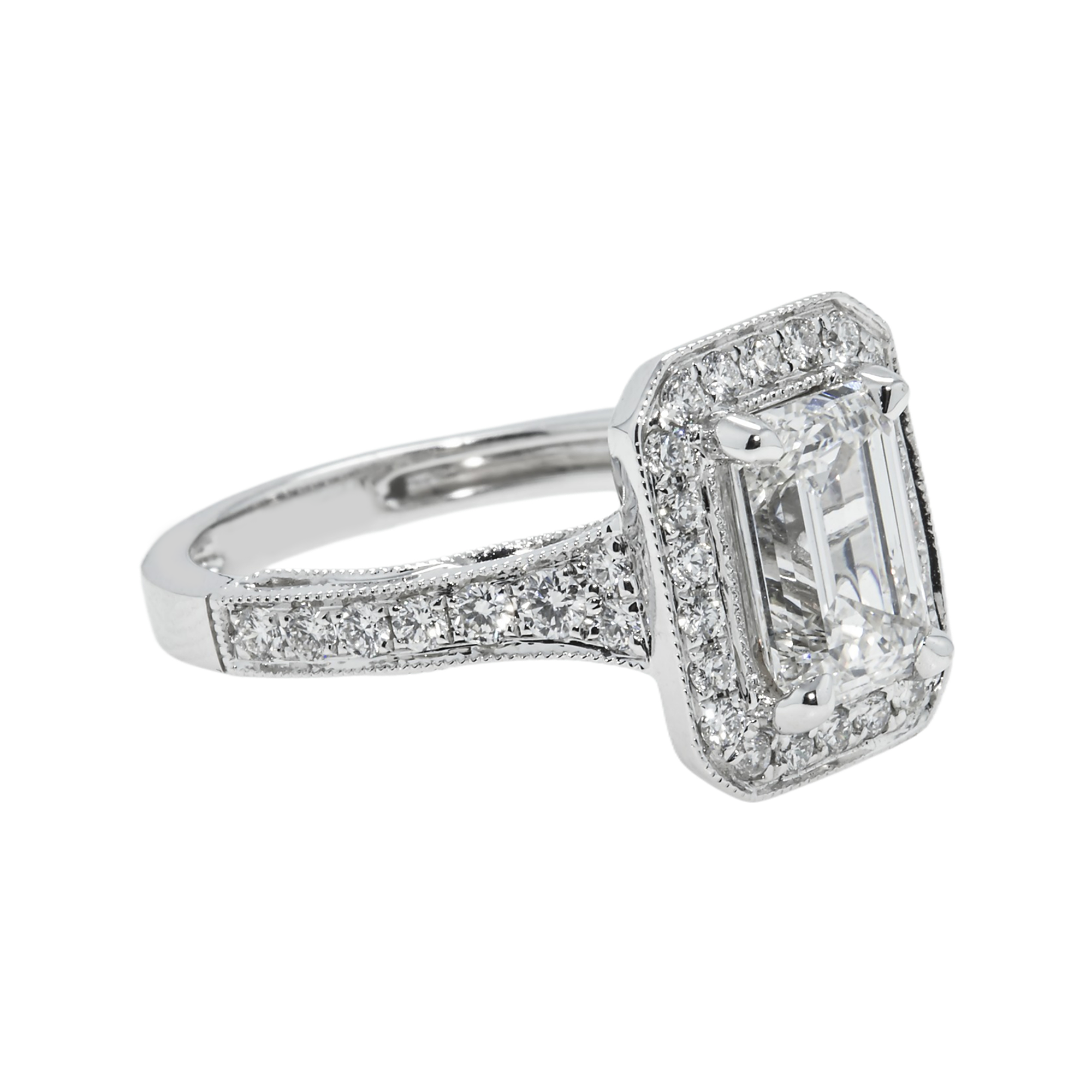 18K White Gold 2.05Ct Emerald Cut Diamond Engagement Ring 2.70Ctw Bridal