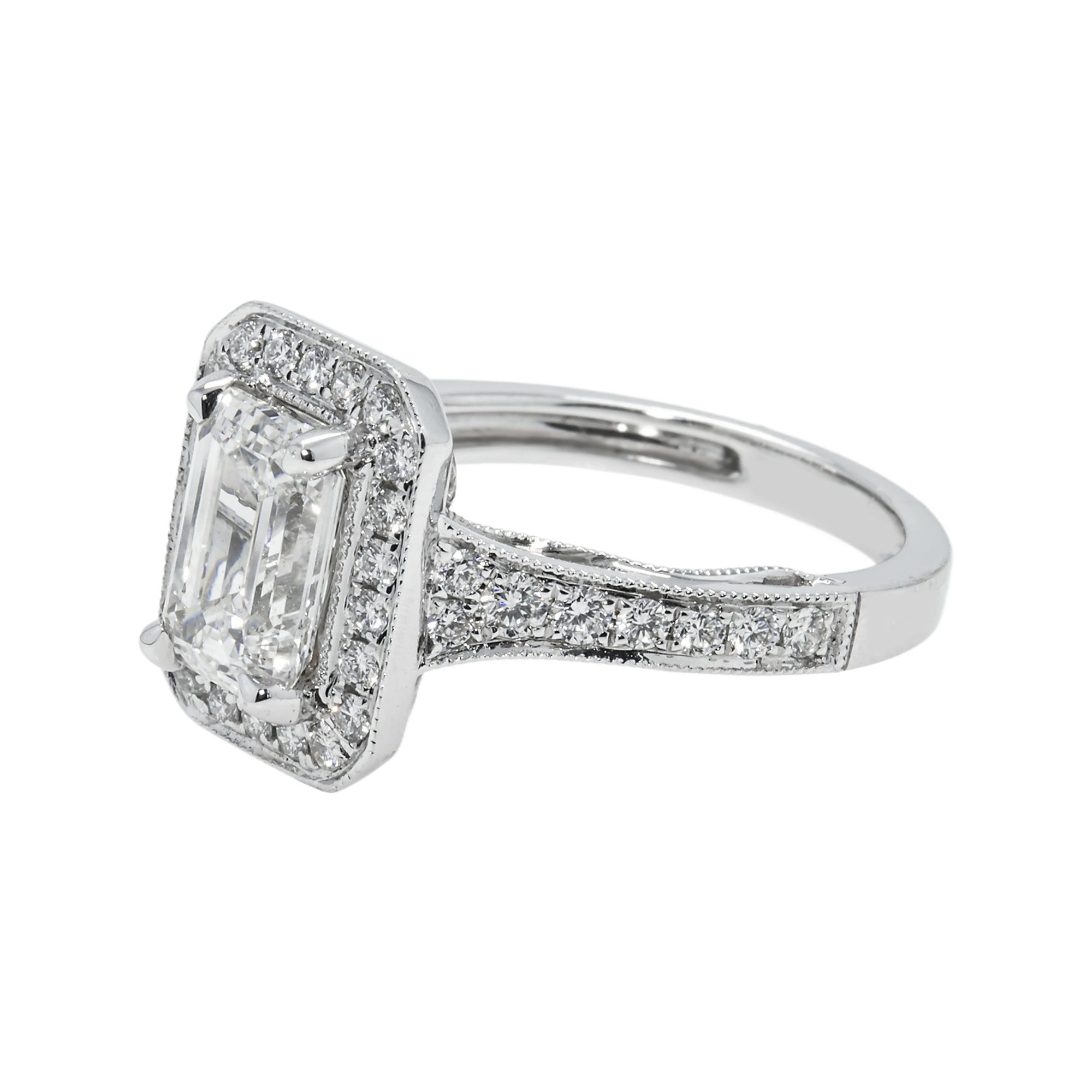 18K White Gold 2.05Ct Emerald Cut Diamond Engagement Ring 2.70Ctw Bridal