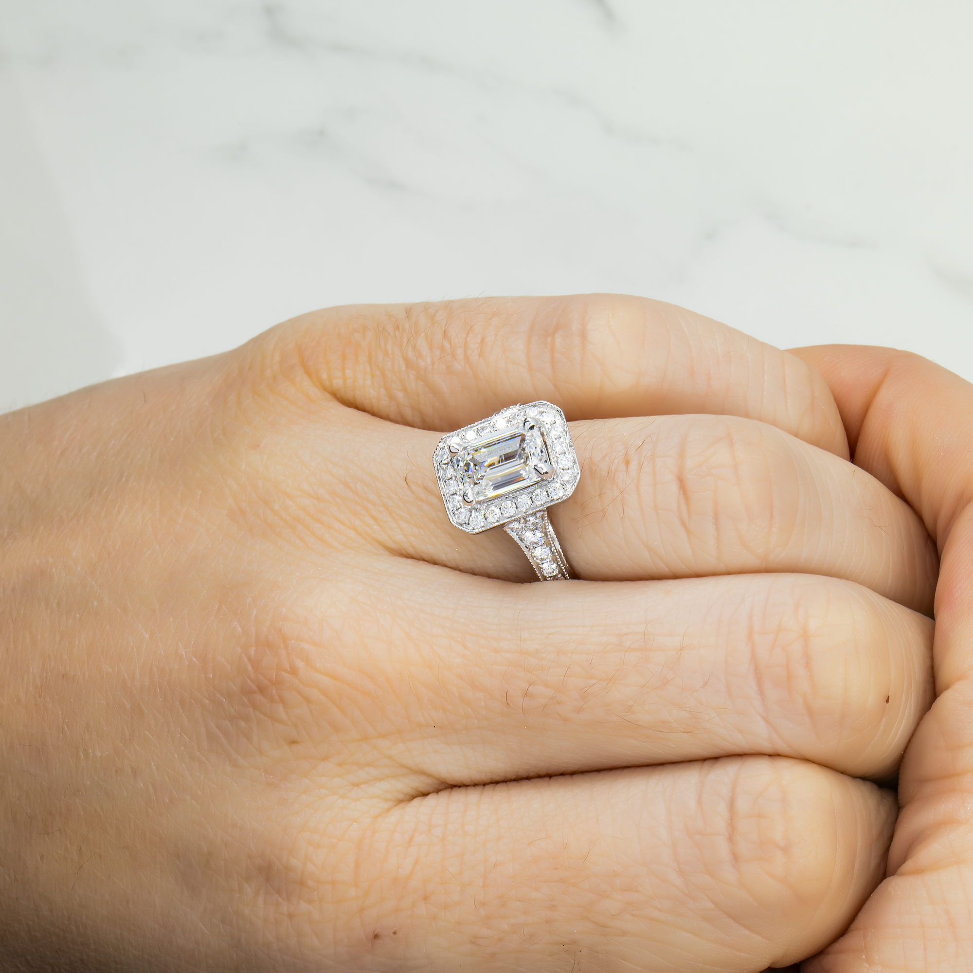 18K White Gold 2.05Ct Emerald Cut Diamond Engagement Ring 2.70Ctw Bridal