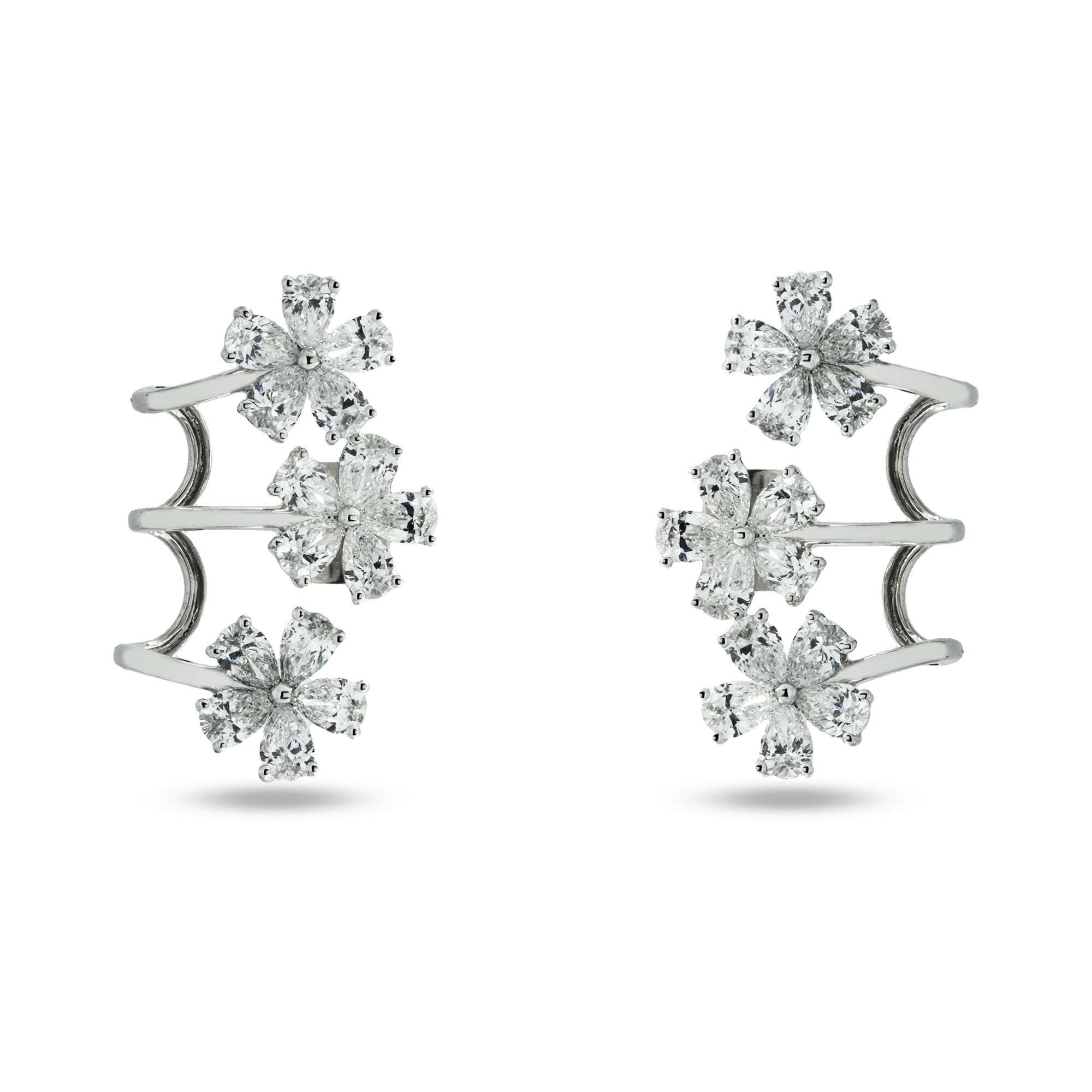 White Gold Pear Cut Diamond Flower Climber Earrings 4.10ctw