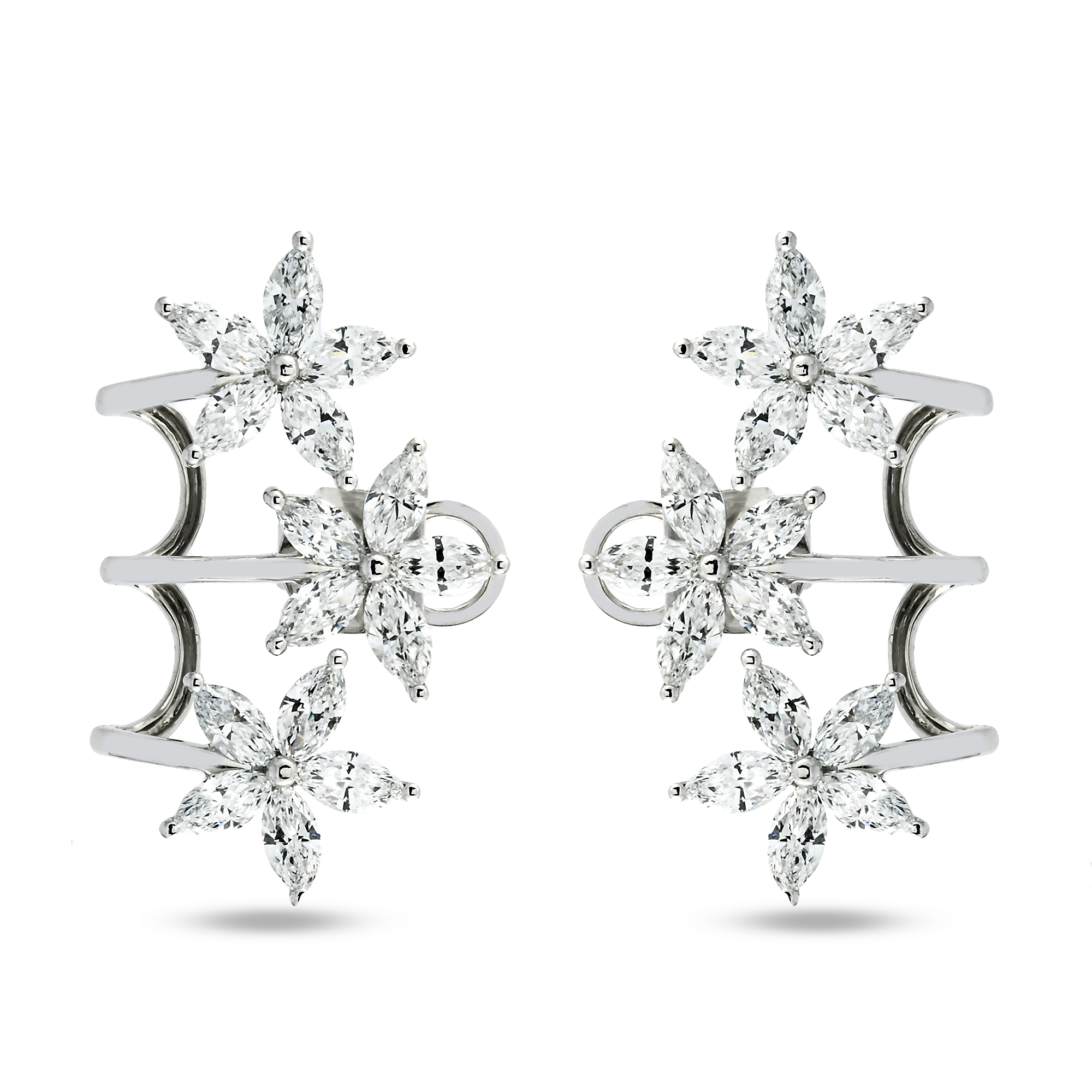 White Gold Marquise Cut Diamond Flower Climber Earrings 3.78ctw