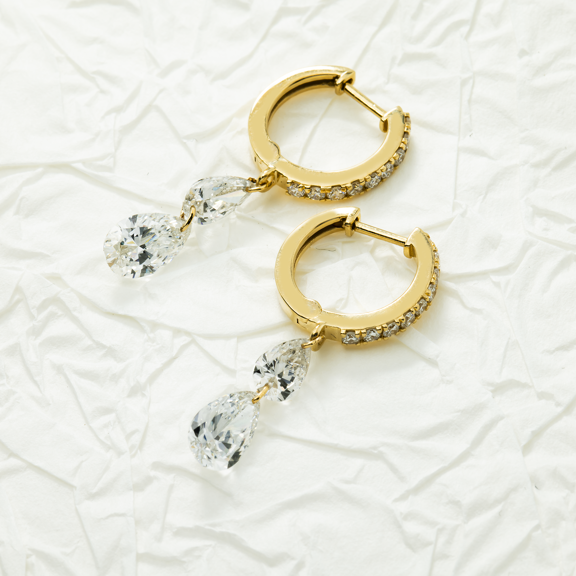 14K Yellow Gold Round & Pear Cut Diamond Huggie Drop Earrings 2.55ctw