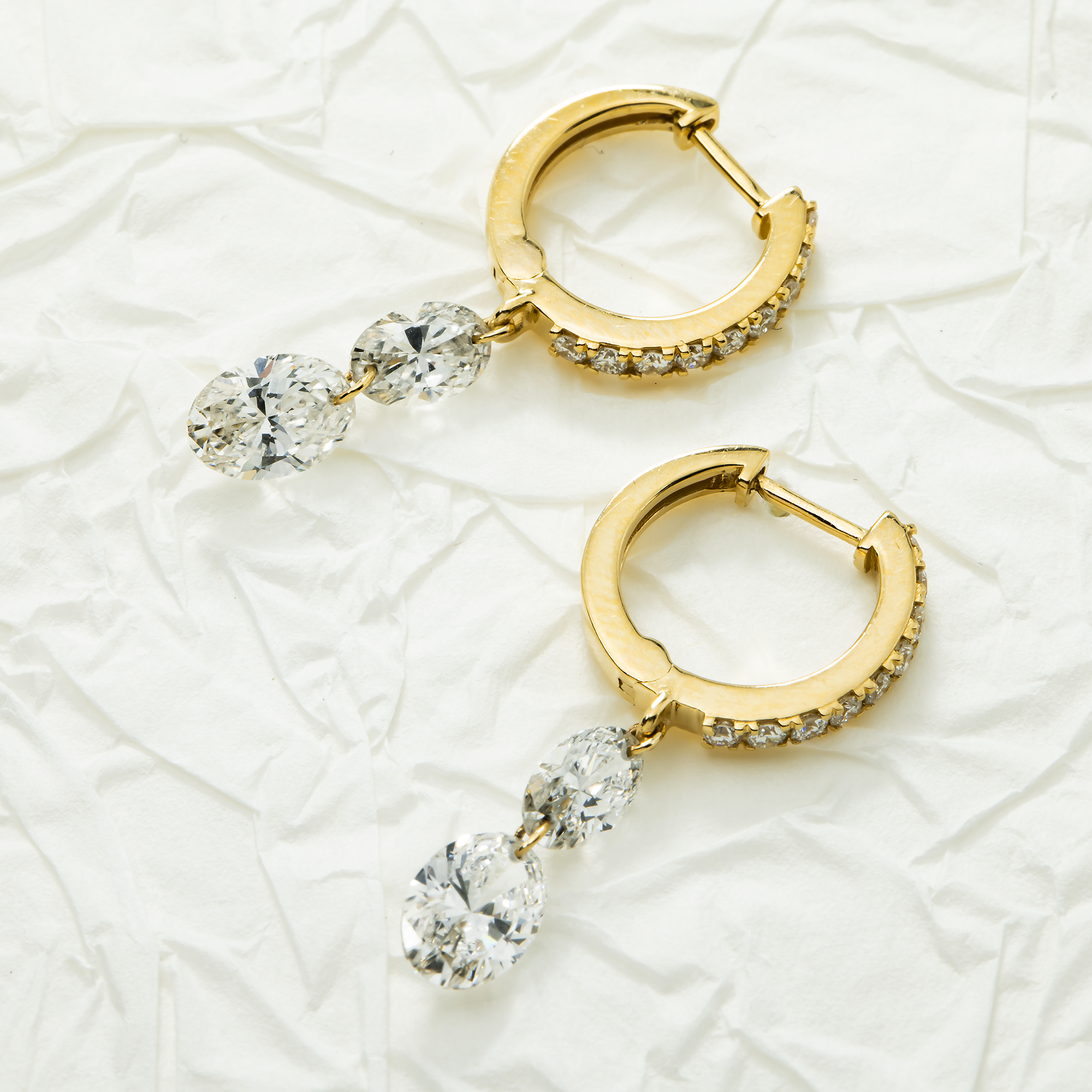 14K Yellow Gold Oval & Pear Cut Diamond Huggie Drop Earrings 2.67ctw