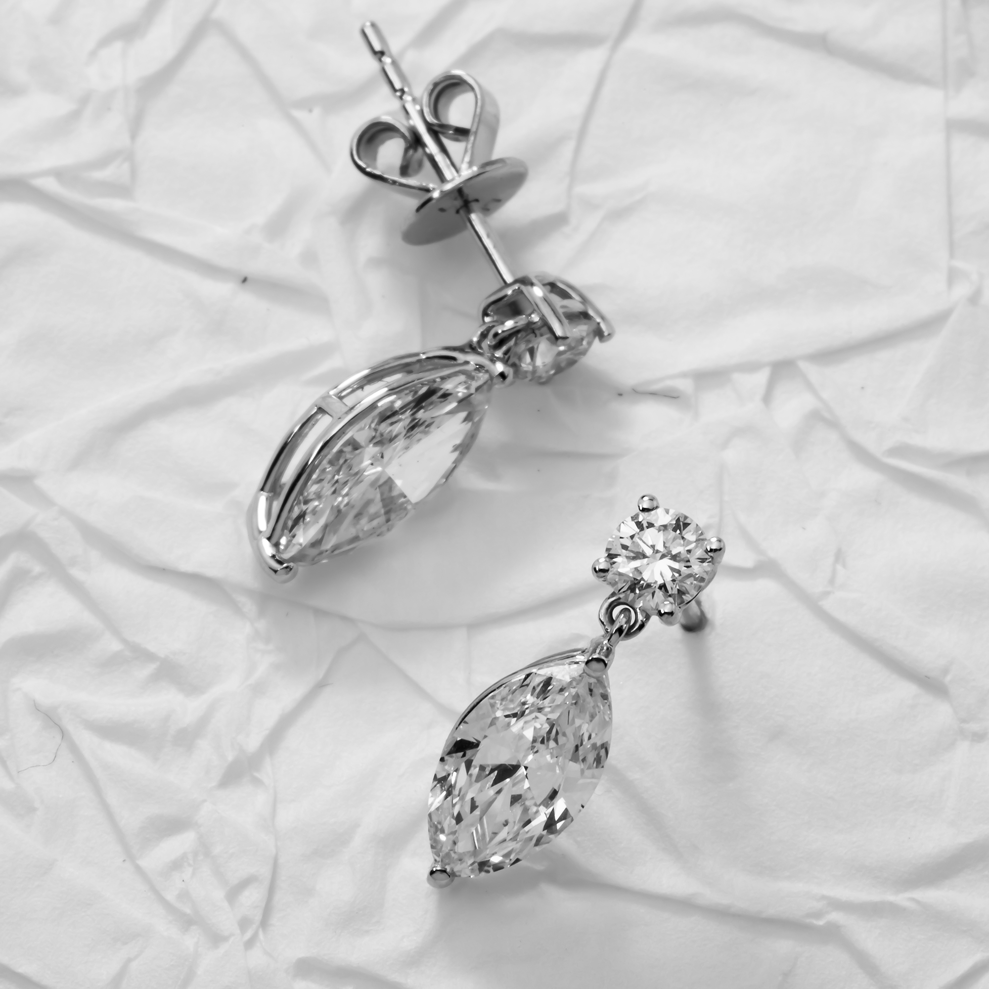 White Gold Round & Marquise Diamond Short Drop Earrings 2.07ctw