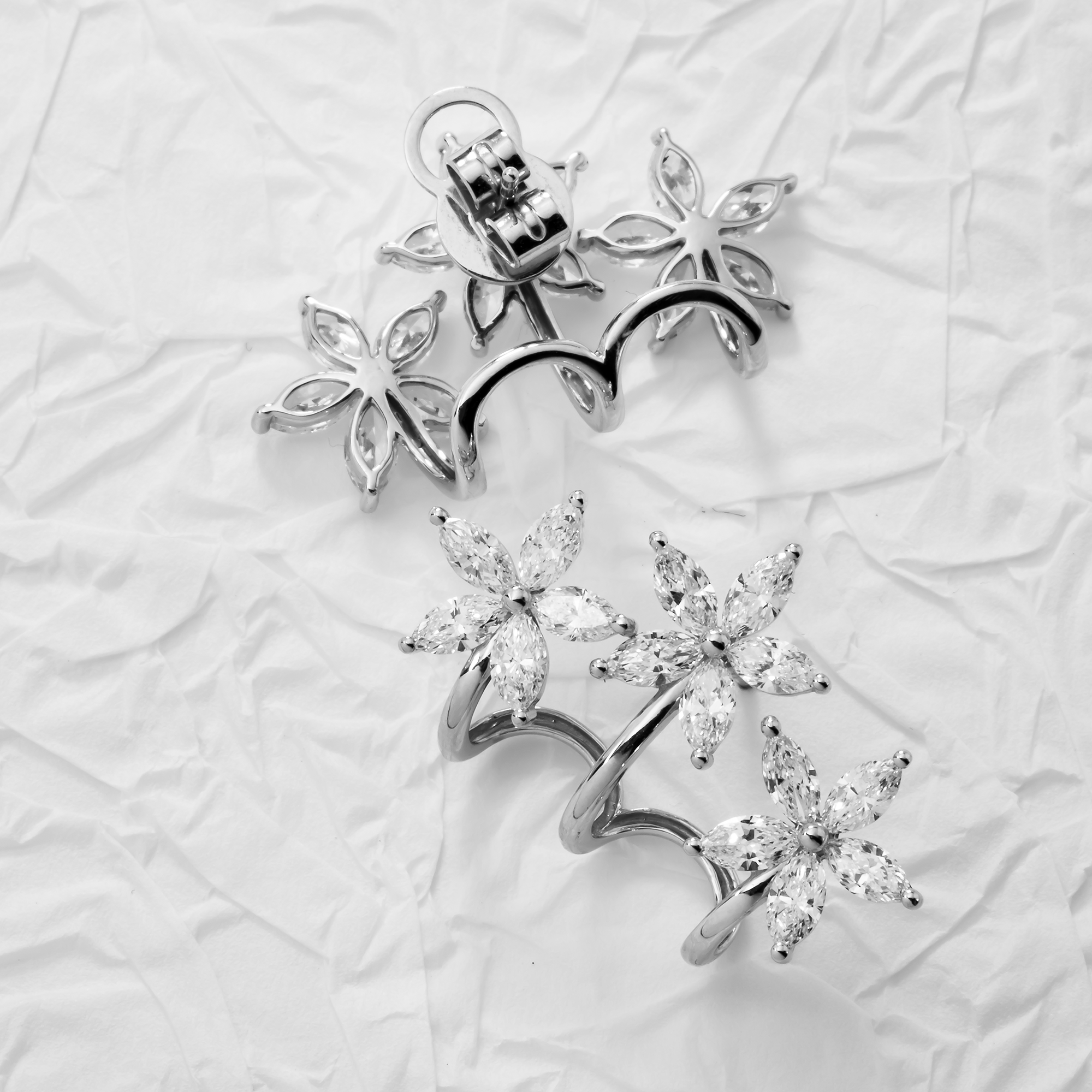 White Gold Marquise Cut Diamond Flower Climber Earrings 3.78ctw
