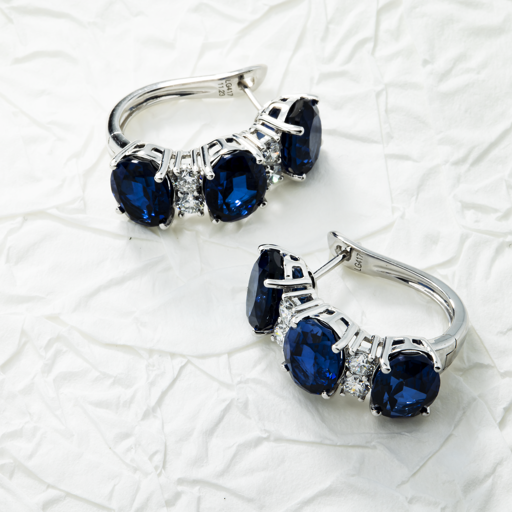 White Gold Oval Sapphire & Round Diamond Half Hoop Earrings