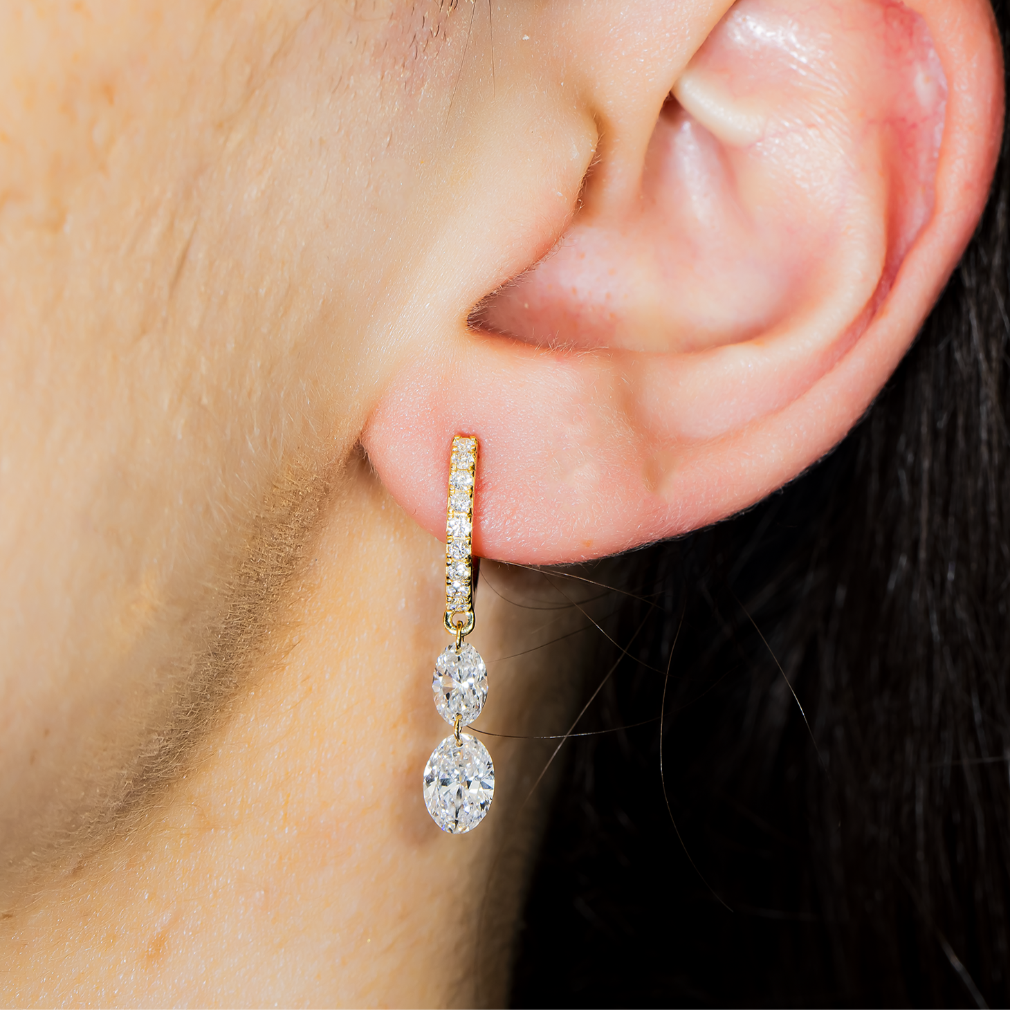 14K Yellow Gold Oval & Pear Cut Diamond Huggie Drop Earrings 2.67ctw