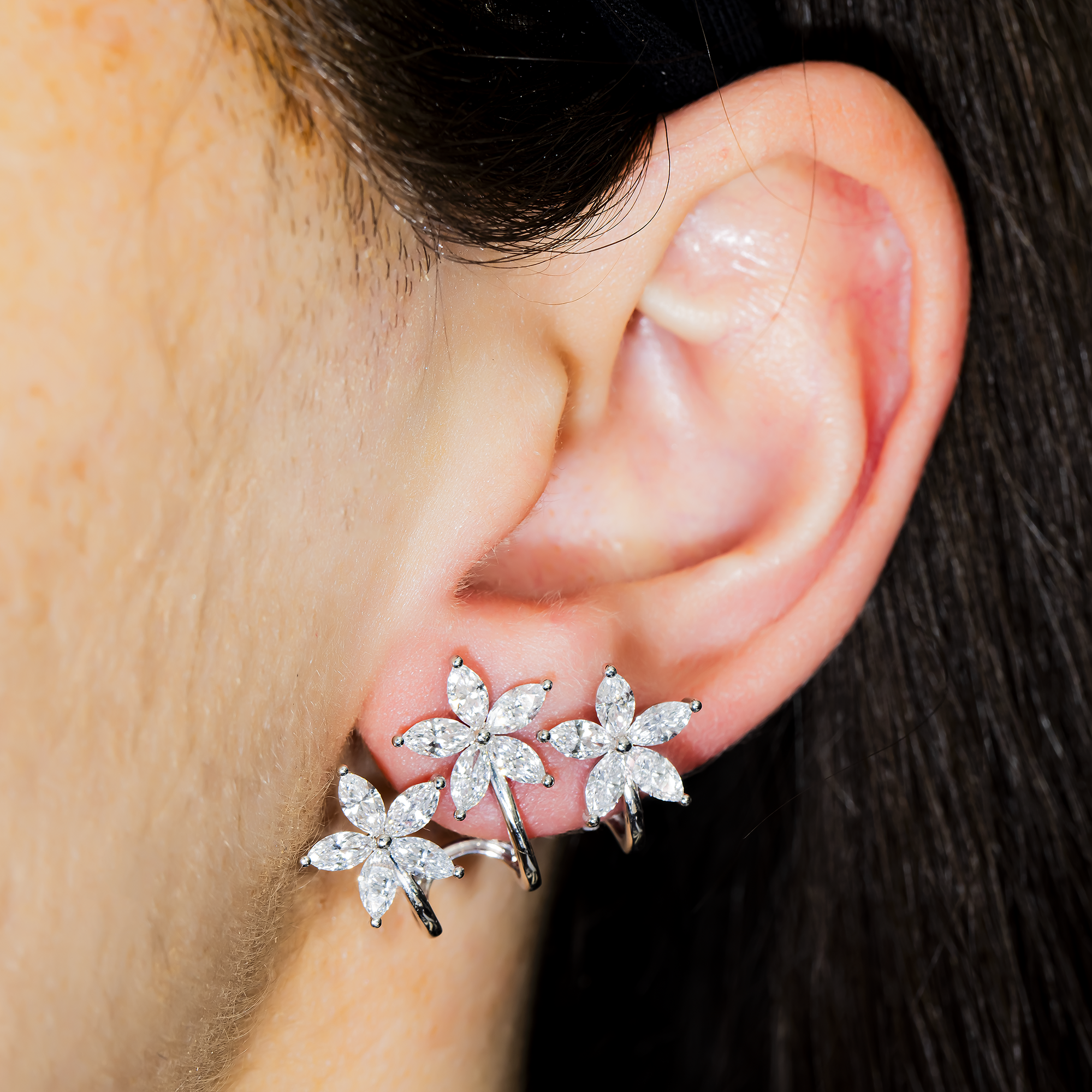 White Gold Marquise Cut Diamond Flower Climber Earrings 3.78ctw
