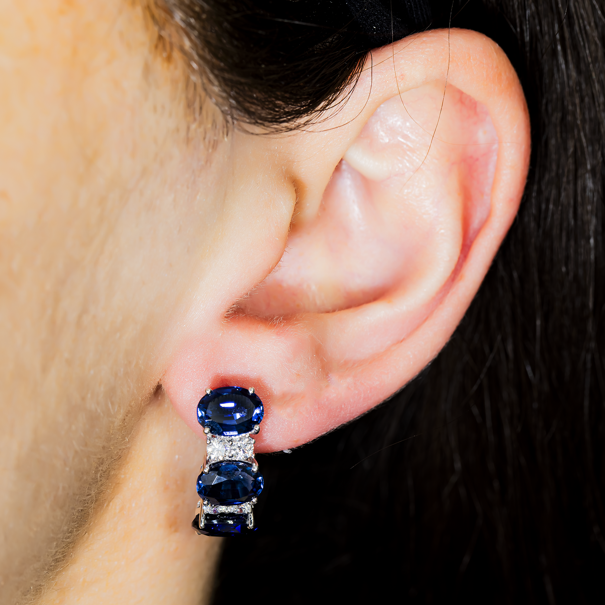 White Gold Oval Sapphire & Round Diamond Half Hoop Earrings