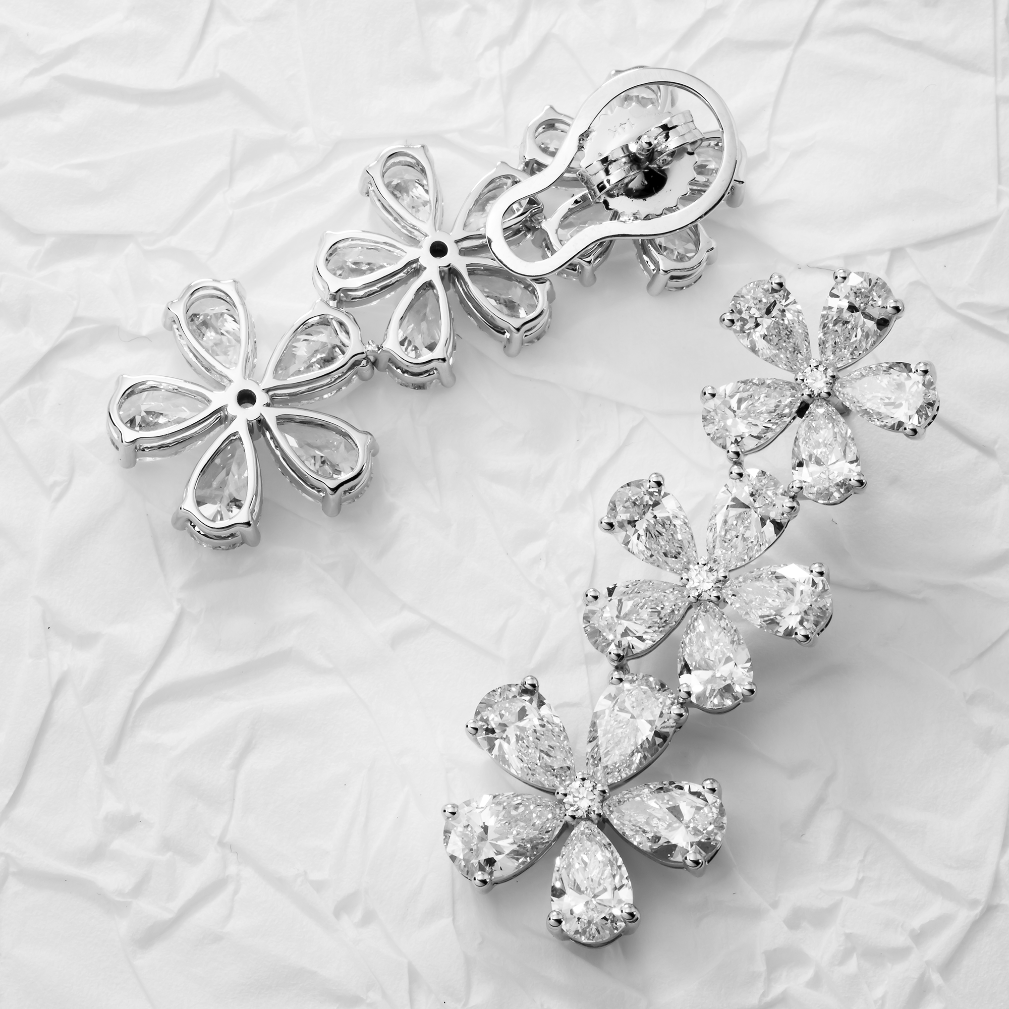 14K White Gold Pear Cut Diamond Flower Drop Earrings 12.79ct