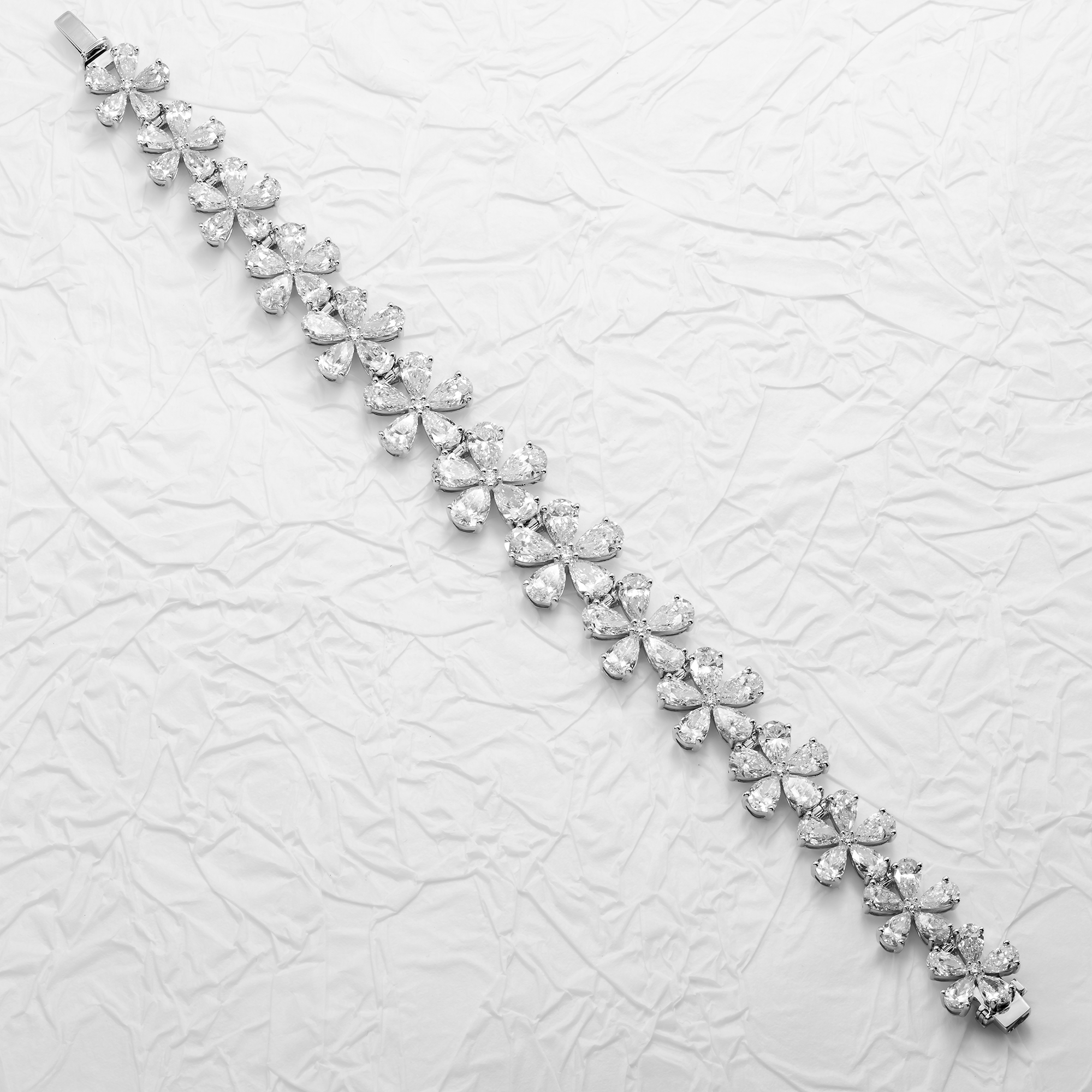 14K White Gold Pear Cut Diamond Full Bloom Flower Bracelet 26.50ct