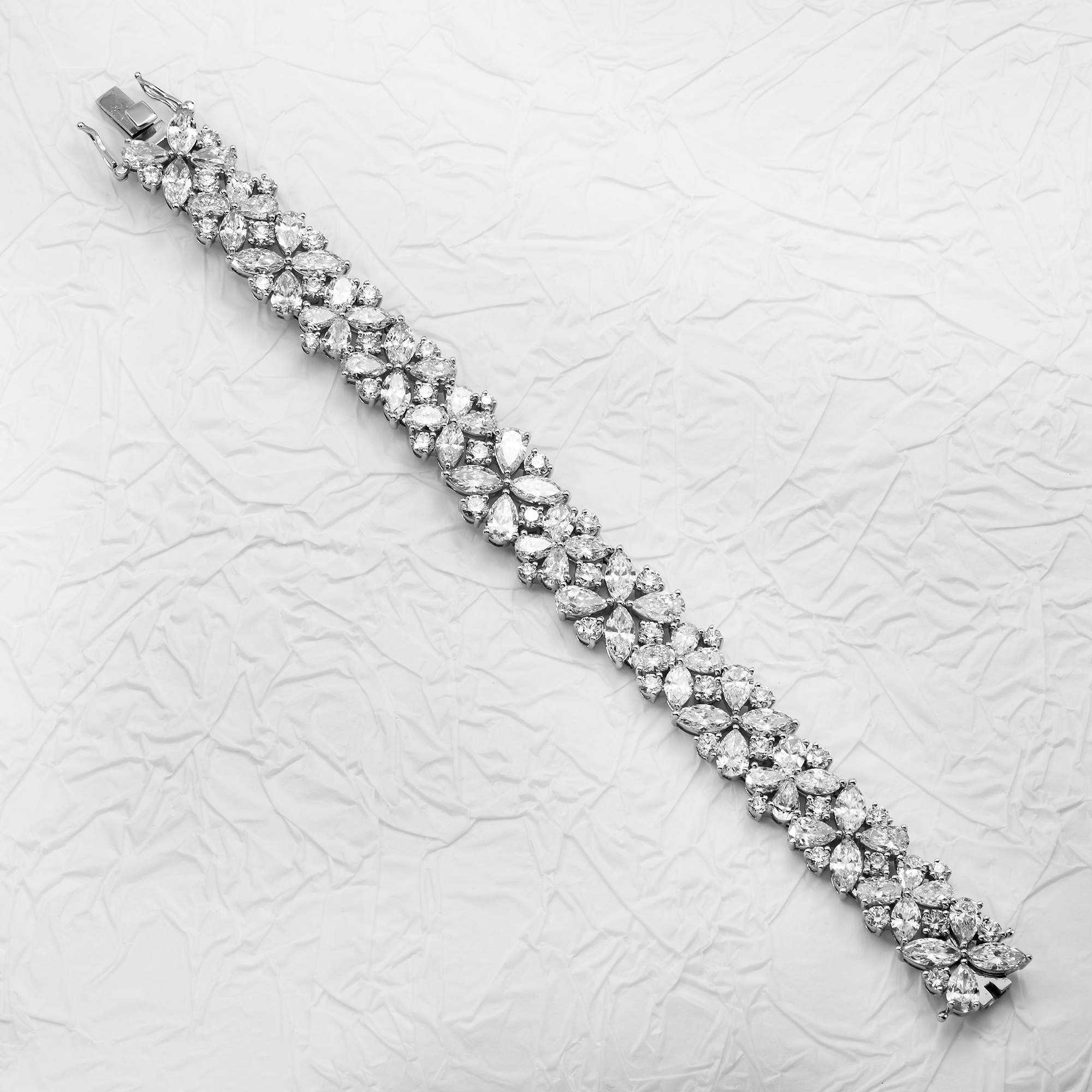 14K White Gold String of Flowers Multi Cut Diamond Bracelet 33.72ct