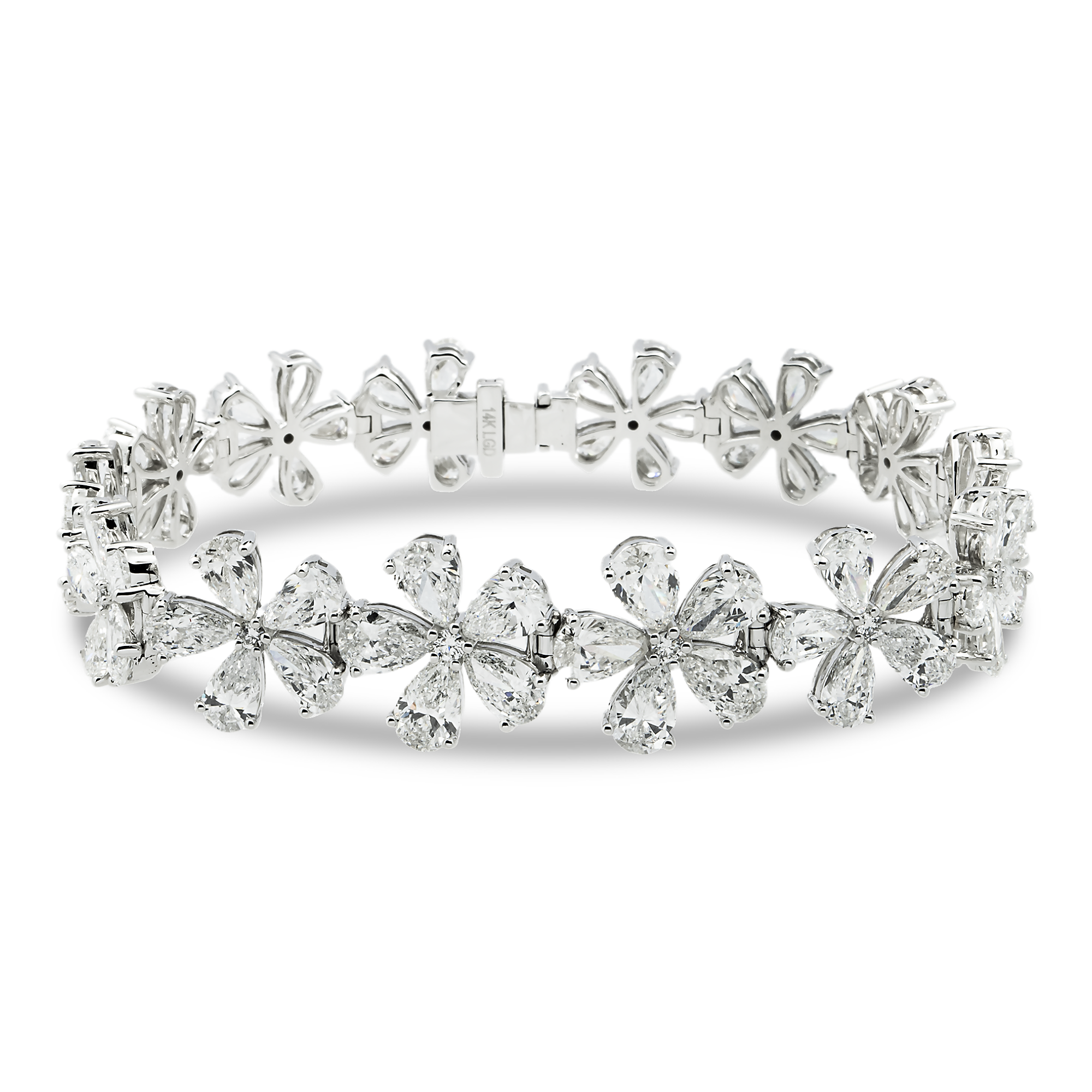14K White Gold Pear Cut Diamond Full Bloom Flower Bracelet 26.50ct