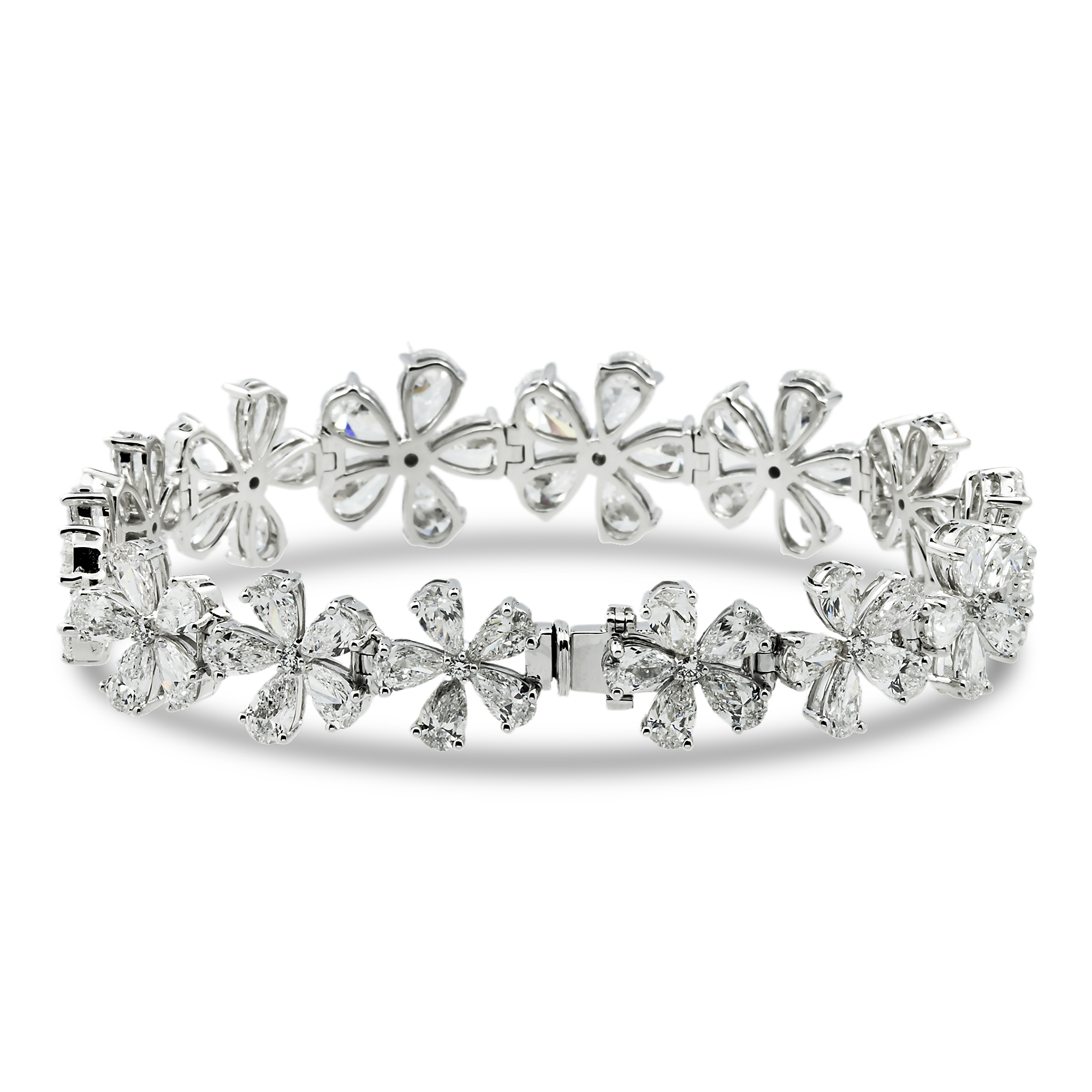 14K White Gold Pear Cut Diamond Full Bloom Flower Bracelet 26.50ct