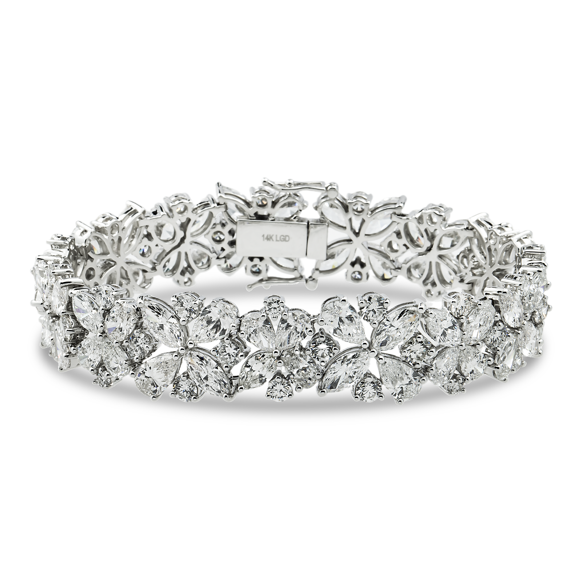 14K White Gold String of Flowers Multi Cut Diamond Bracelet 33.72ct