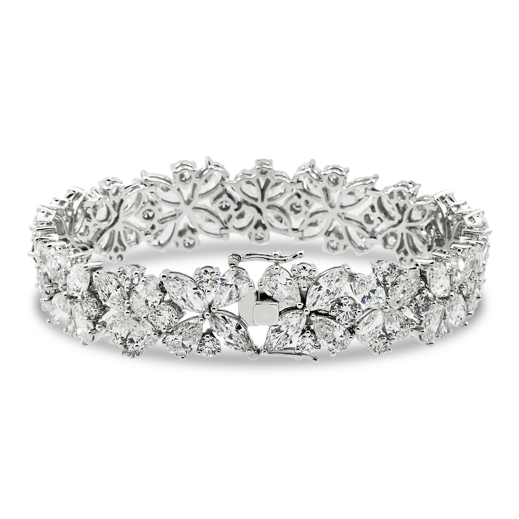 14K White Gold String of Flowers Multi Cut Diamond Bracelet 33.72ct