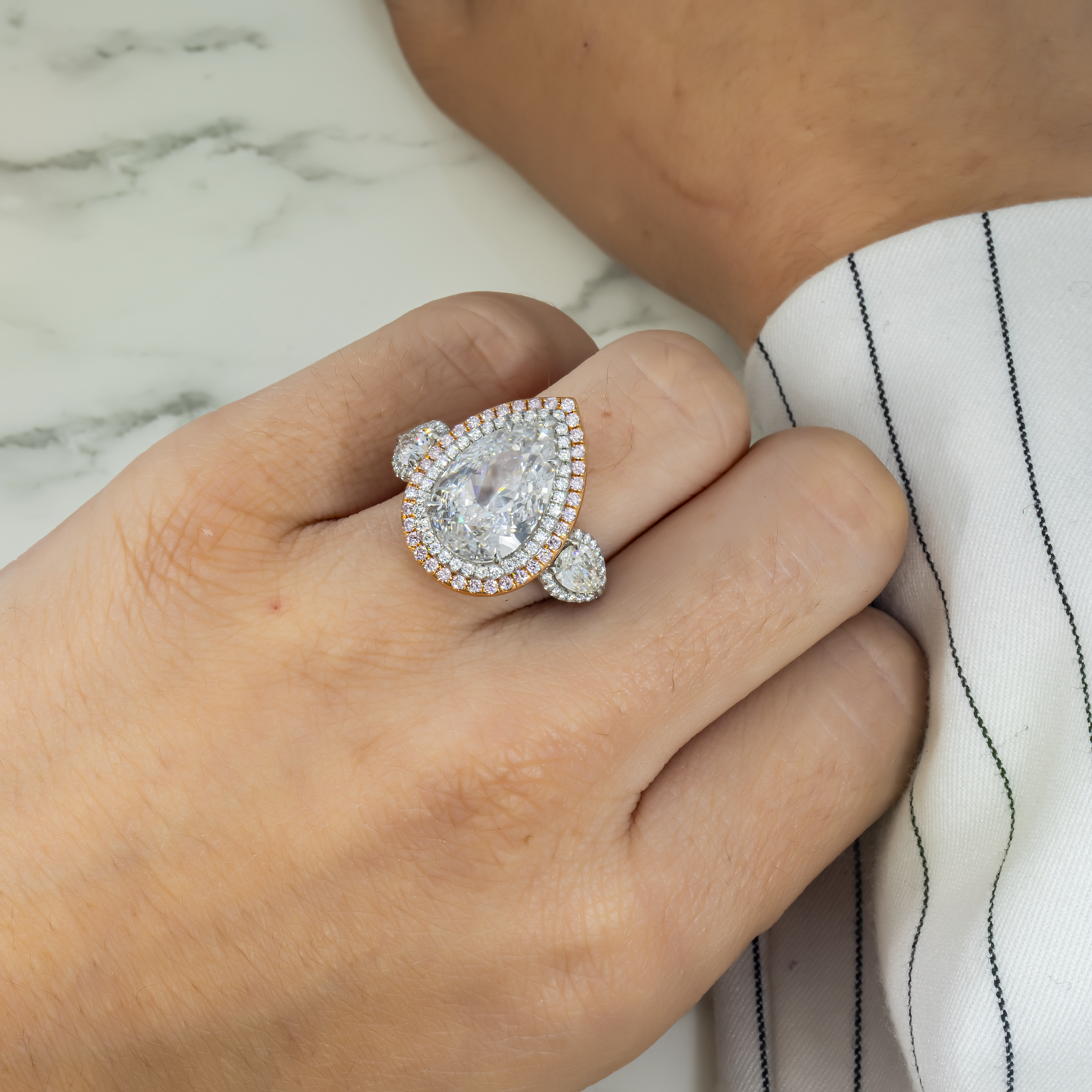 Gia Two Tone 7.77Ct Triple Pear Cut & Pink Diamond Engagement Ring 10.69Ctw Bridal