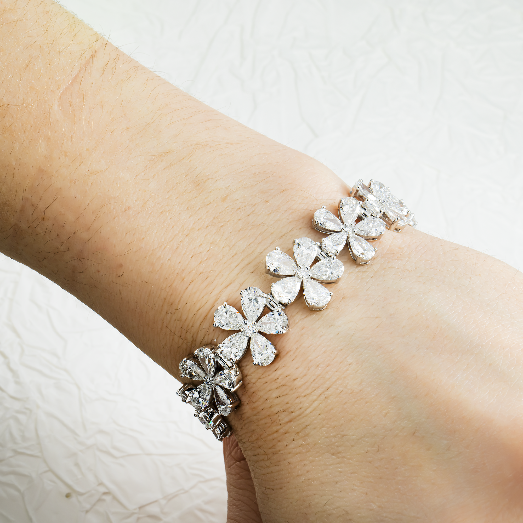 14K White Gold Pear Cut Diamond Full Bloom Flower Bracelet 26.50ct