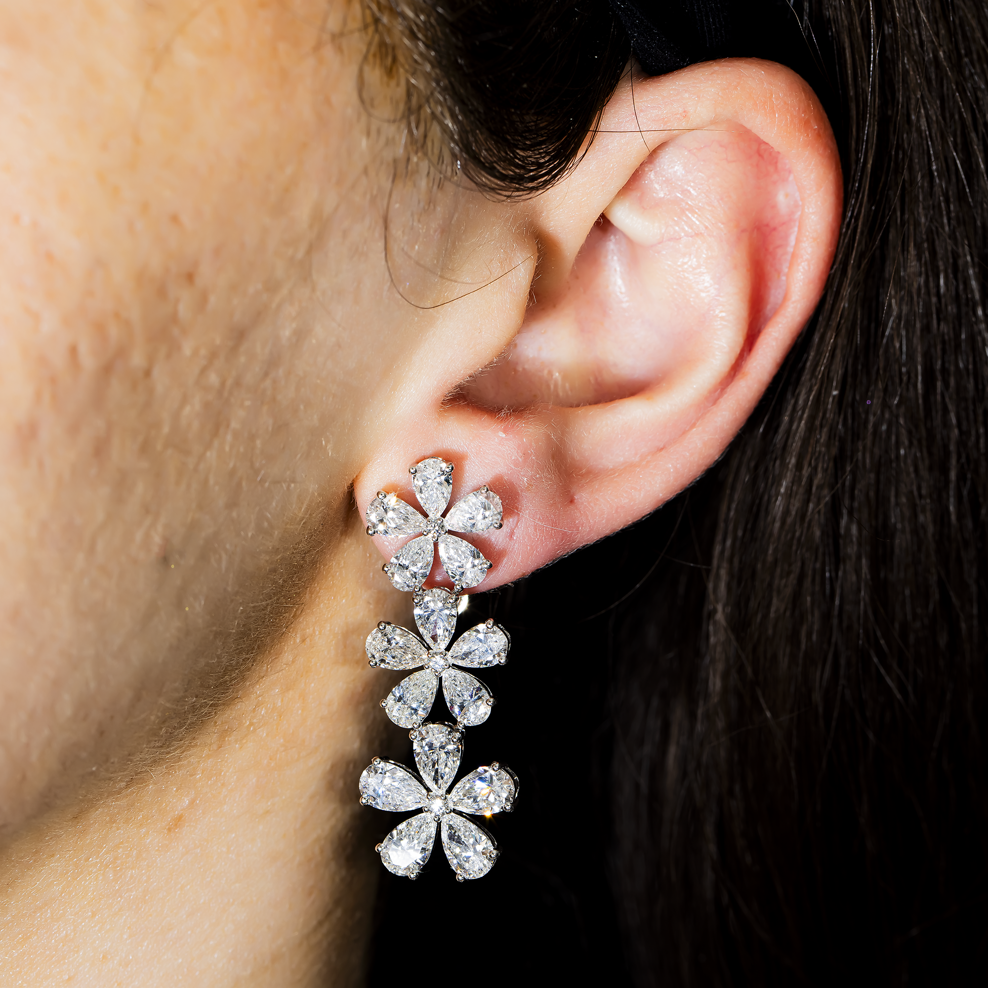 14K White Gold Pear Cut Diamond Flower Drop Earrings 12.79ct