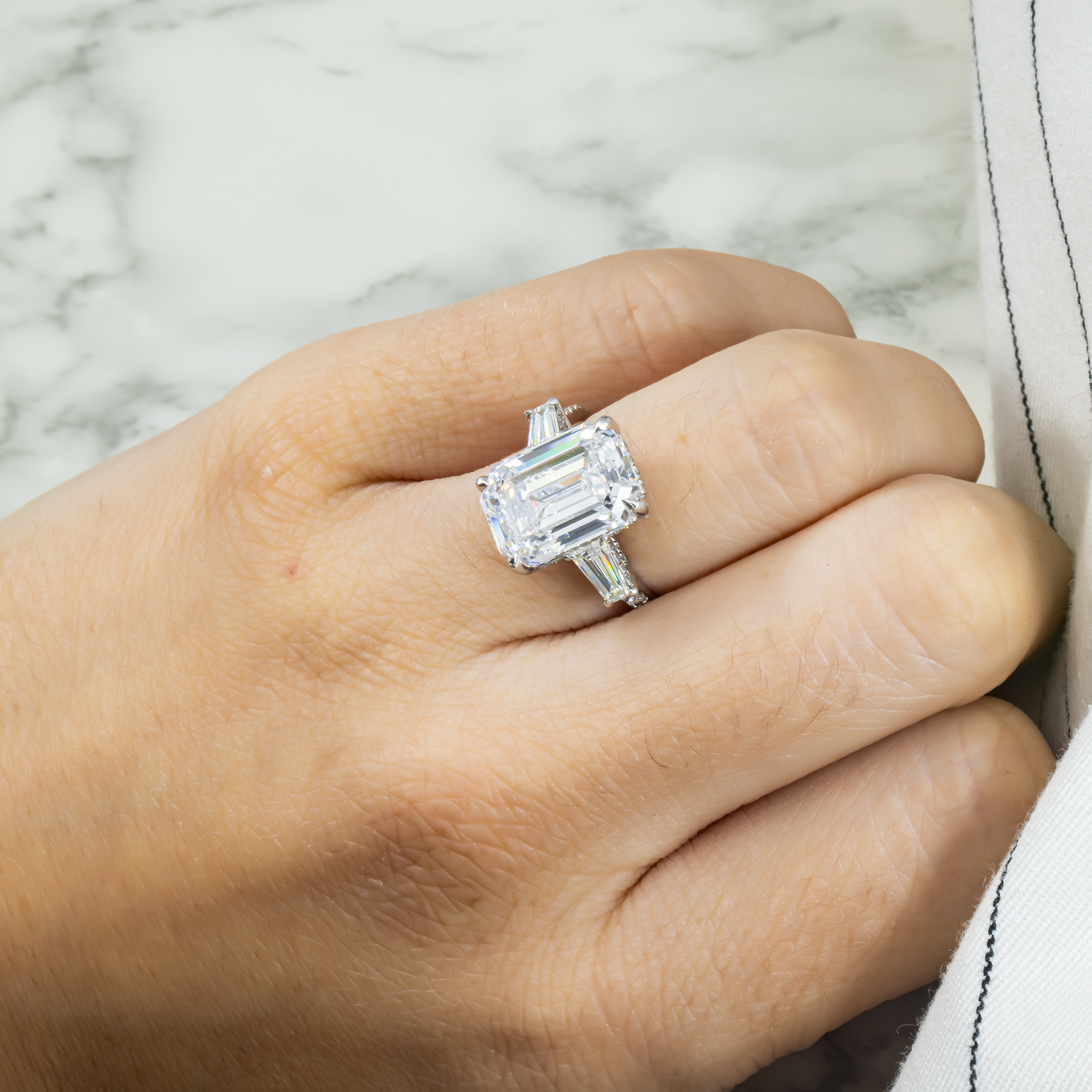 Gia Platinum 7.62Ct Emerald Cut Triple Diamond Engagement Ring 8.82Ctw Bridal