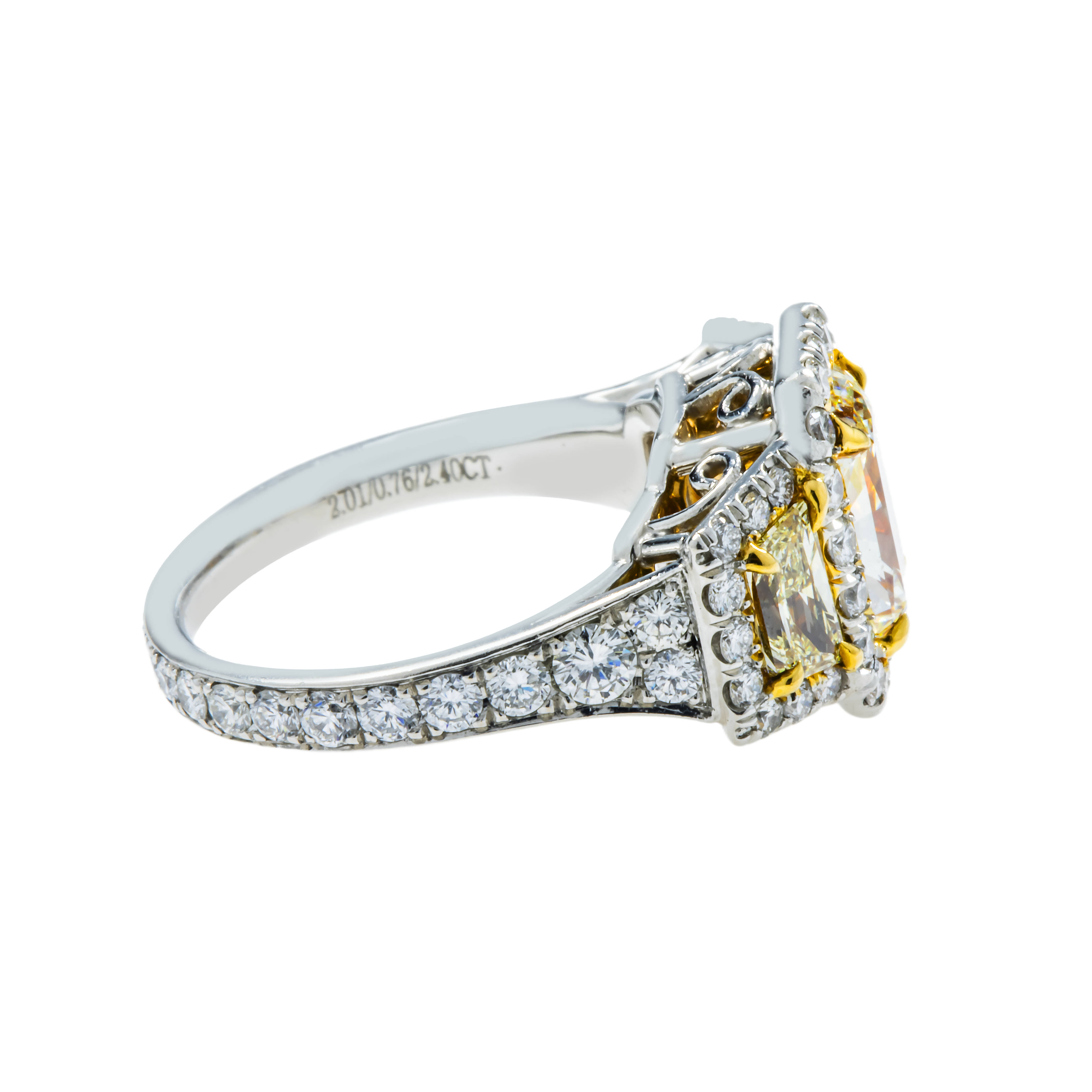Platinum 2.01 Radiant Cut Fancy Yellow Diamond Engagement Ring 5.17Ctw Bridal