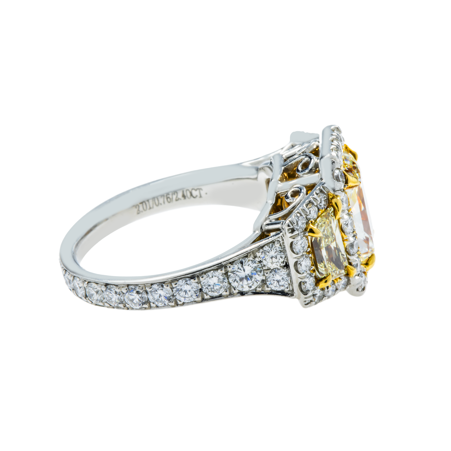 Platinum 2.01 Radiant Cut Fancy Yellow Diamond Engagement Ring 5.17ctw