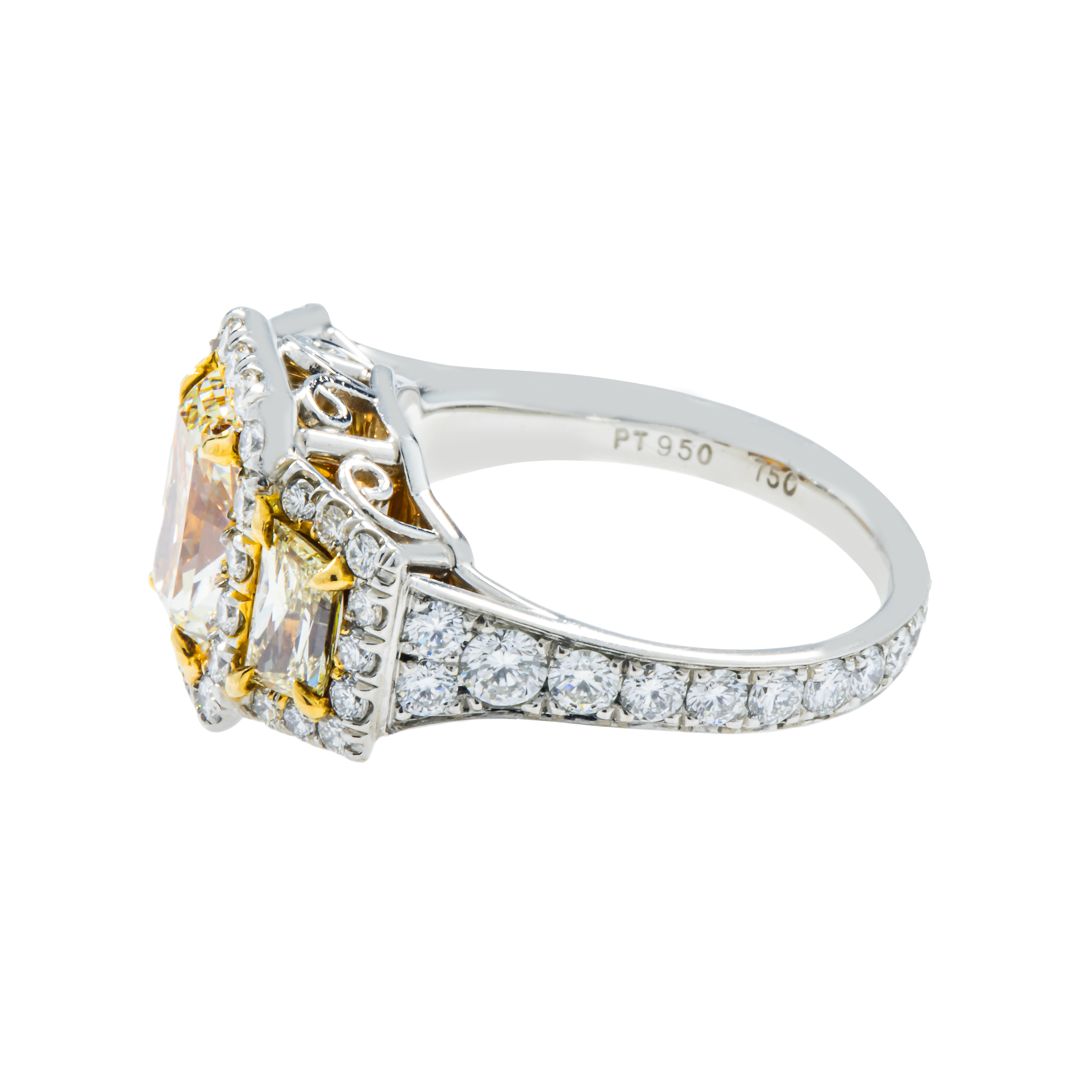 Platinum 2.01 Radiant Cut Fancy Yellow Diamond Engagement Ring 5.17Ctw Bridal