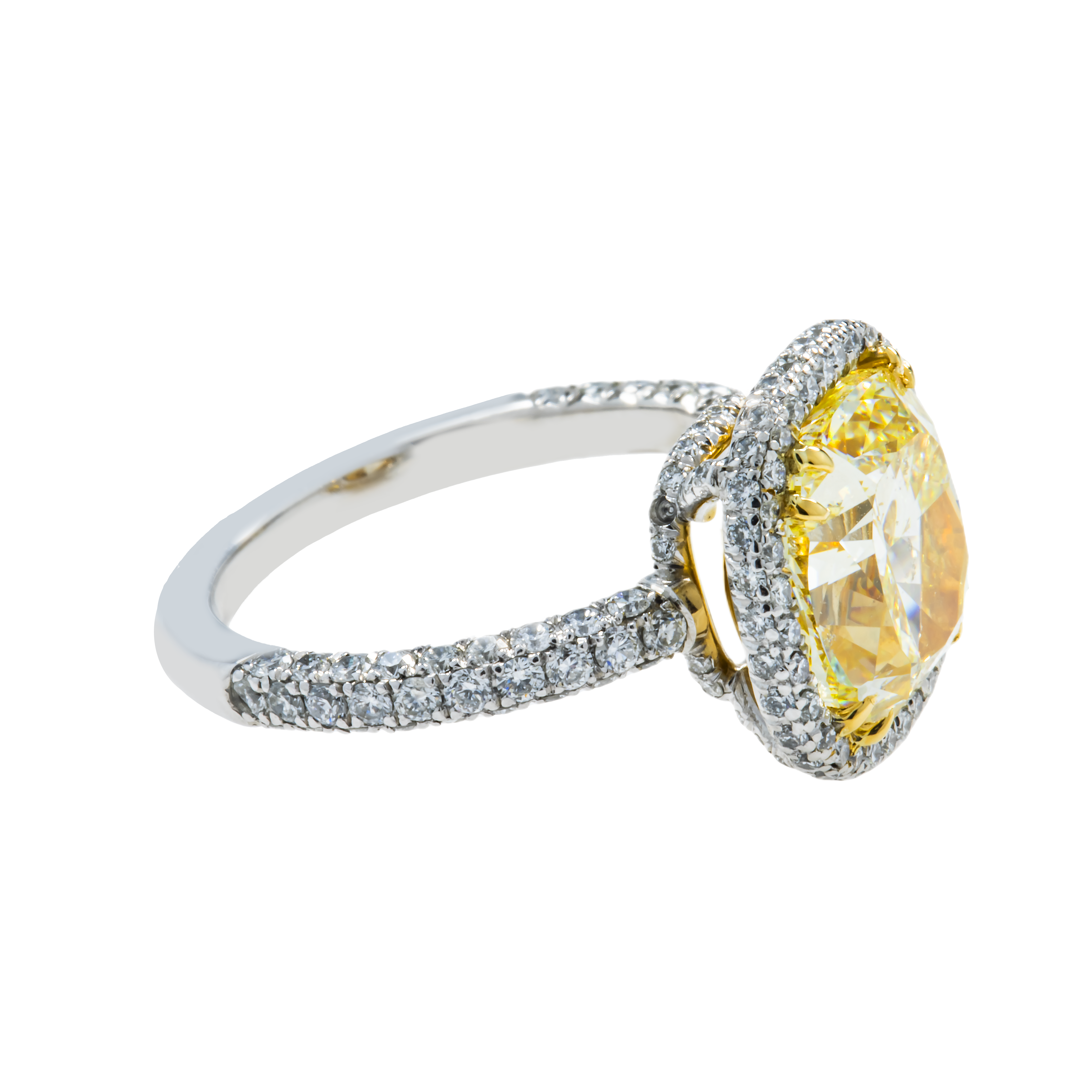 Gia Platinum 5.10Ct Cushion Cut Fancy Yellow Diamond Ring 5.88Ctw Bridal