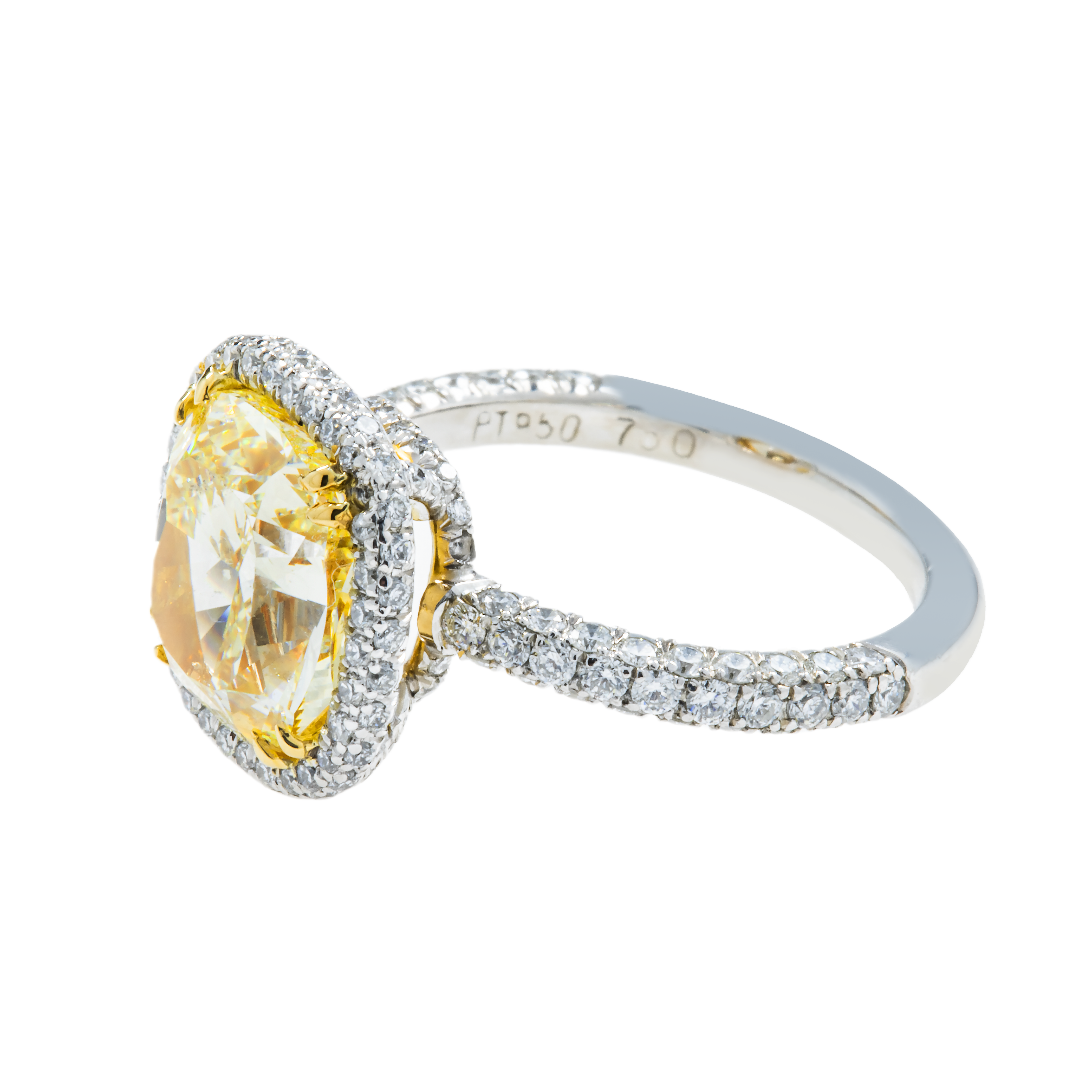 Gia Platinum 5.10Ct Cushion Cut Fancy Yellow Diamond Ring 5.88Ctw Bridal