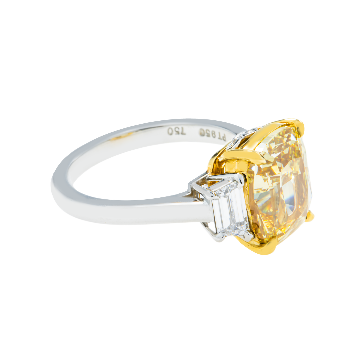 GIA Platinum 5.65ct Cushion Cut Fancy Yellow Engagement Ring 6.21ctw