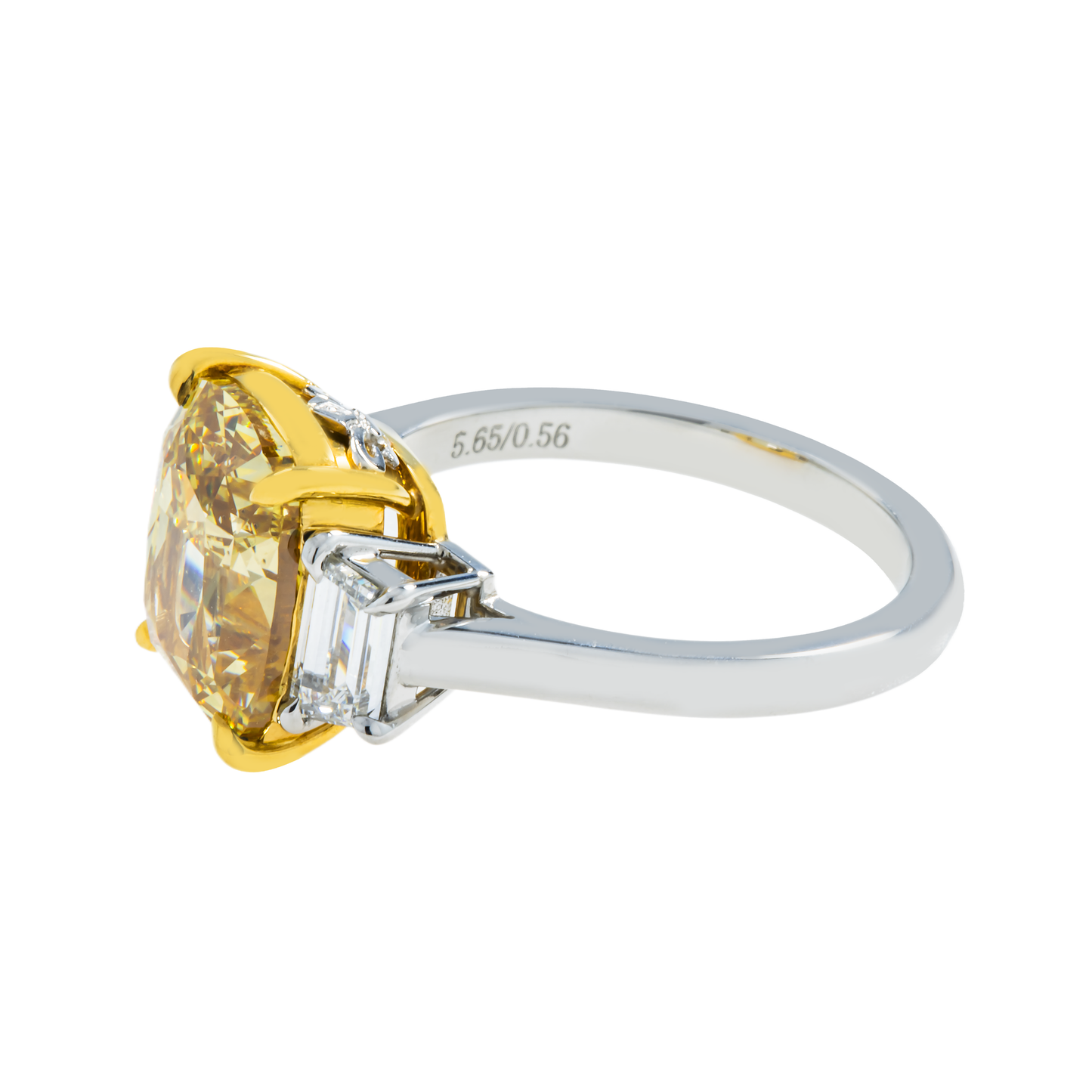 GIA Platinum 5.65ct Cushion Cut Fancy Yellow Engagement Ring 6.21ctw