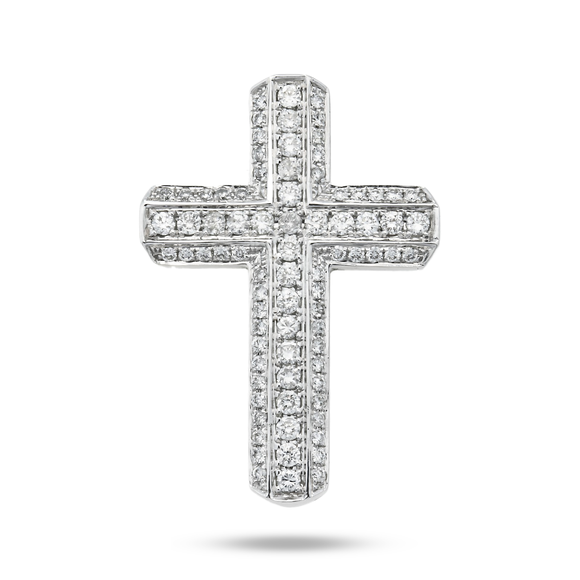 14K White Gold Triple Row Round Diamond Cross Pendant 0.71Ct