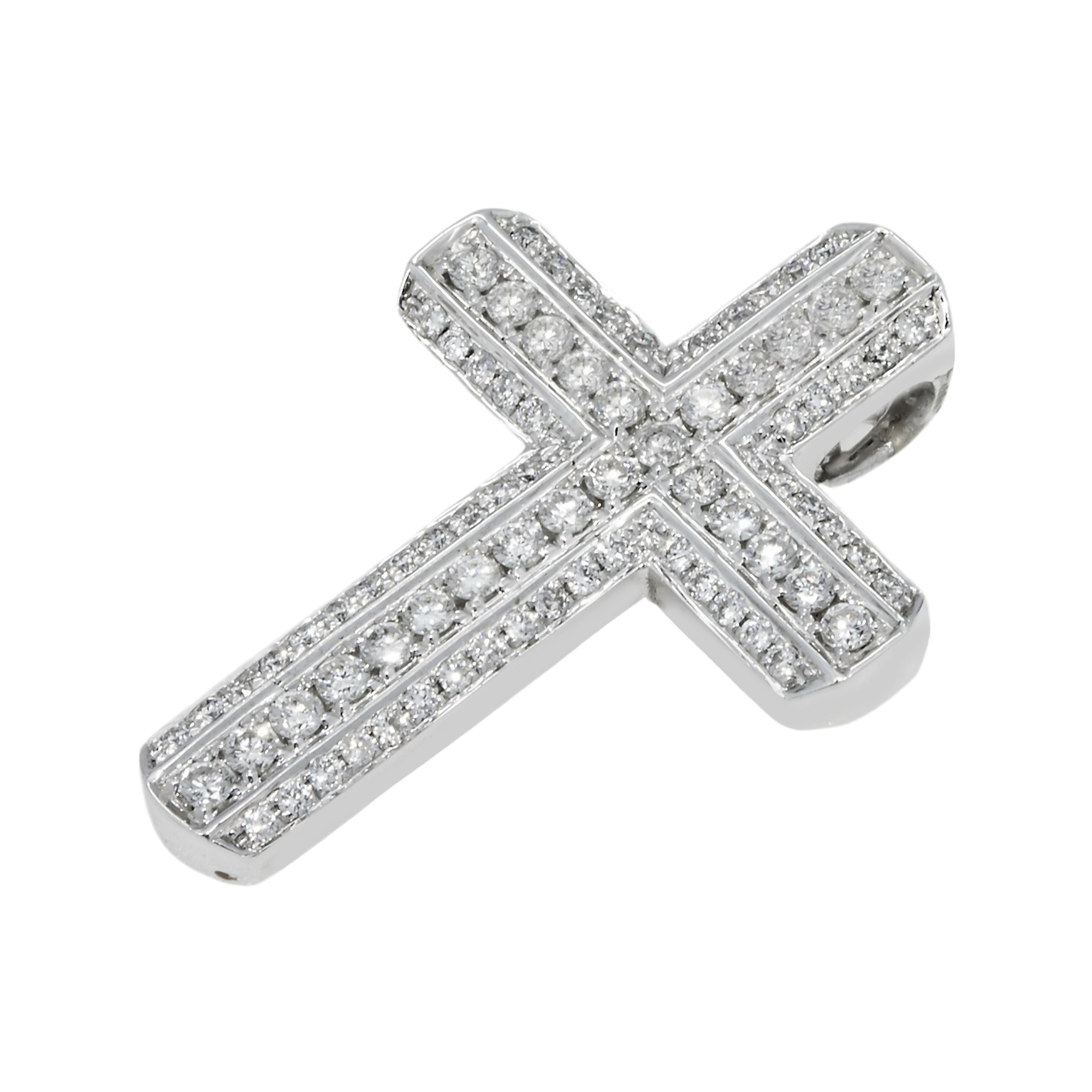 14K White Gold Triple Row Round Diamond Cross Pendant 0.71Ct