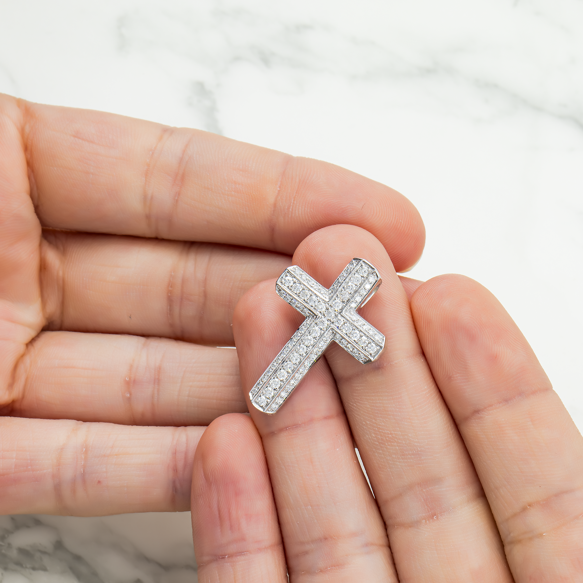 14K White Gold Triple Row Round Diamond Cross Pendant 0.71Ct