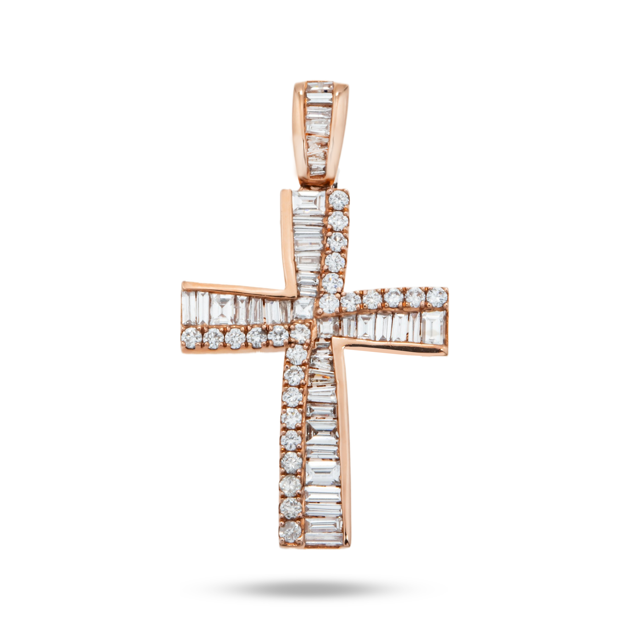14K Rose Gold Baguette & Round Diamond Cross Pendant 1.14Ct