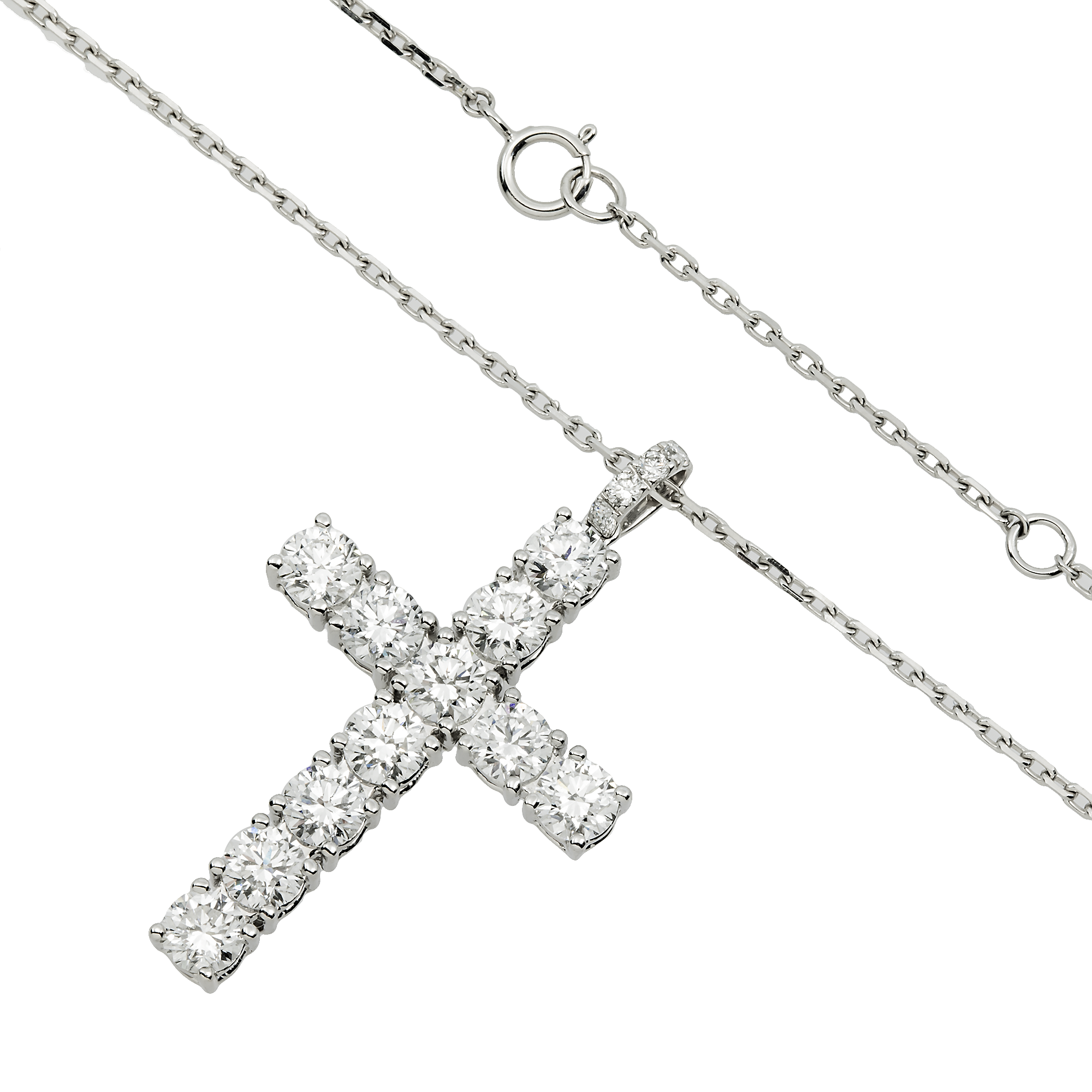 White Gold Round Diamond Cross Pendant & Chain Necklace 3.45ct