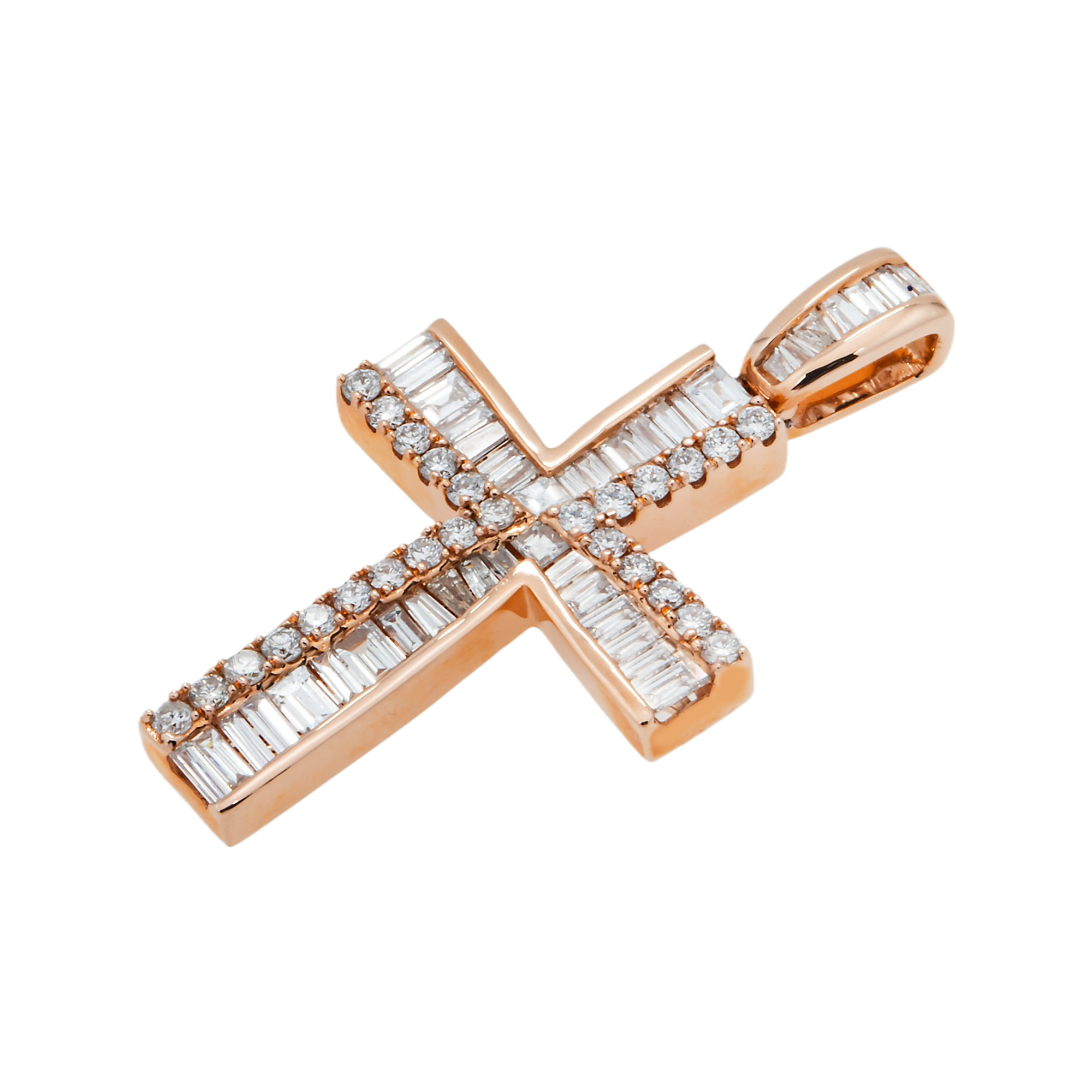 14K Rose Gold Baguette & Round Diamond Cross Pendant 1.14Ct