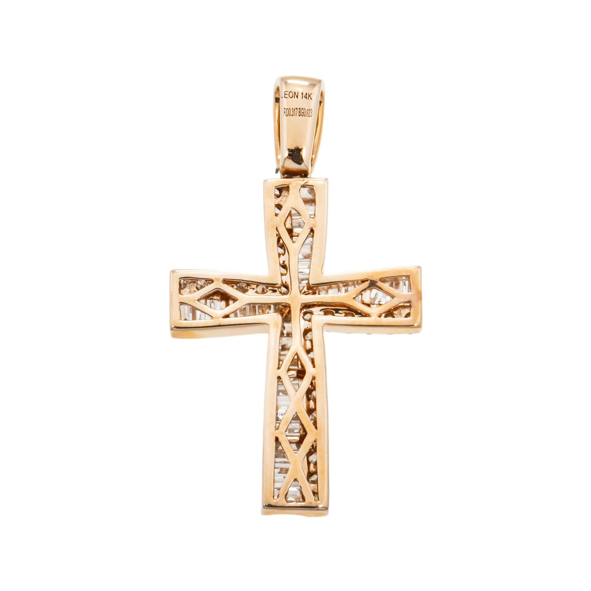 14K Rose Gold Baguette & Round Diamond Cross Pendant 1.14Ct
