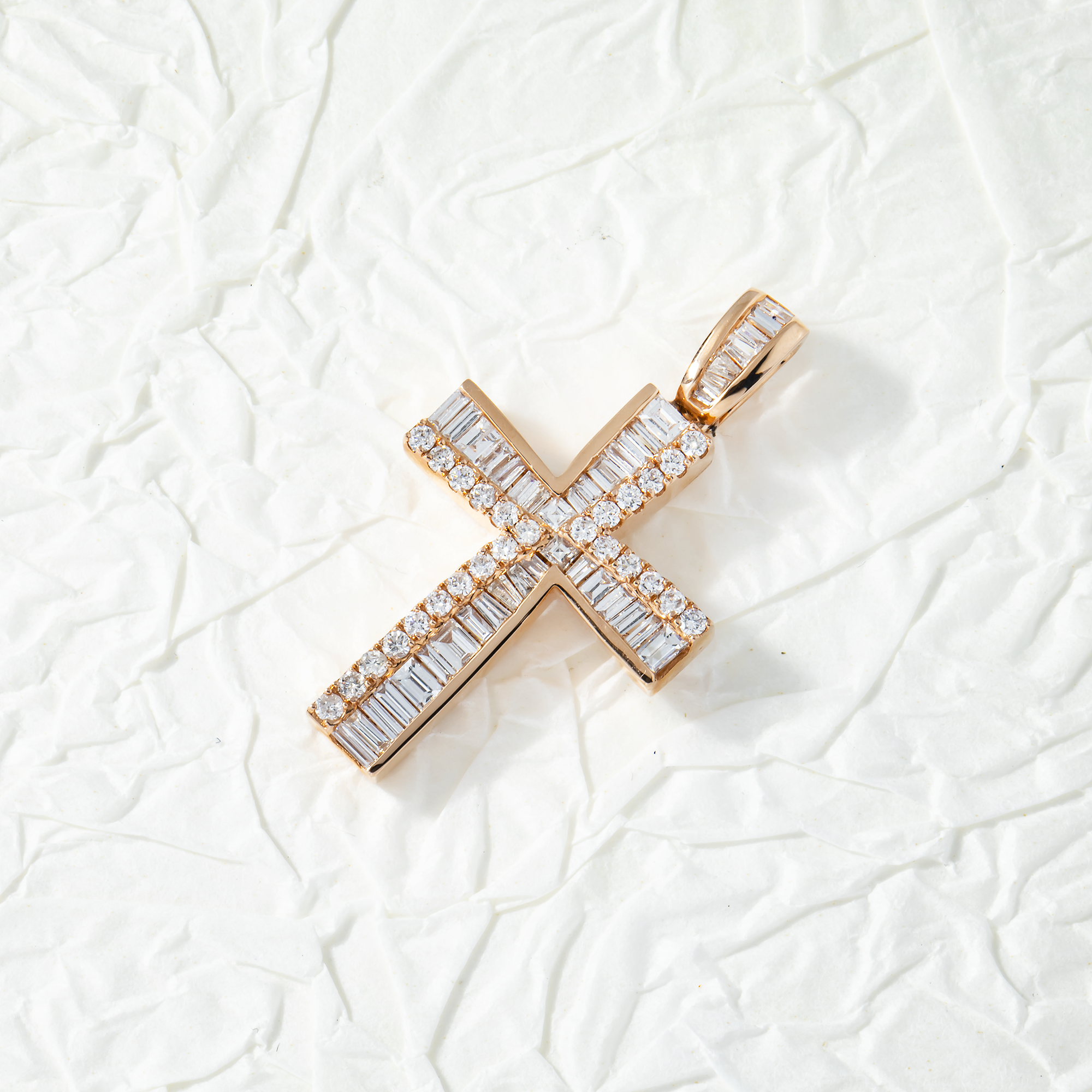 14K Rose Gold Baguette & Round Diamond Cross Pendant 1.14Ct