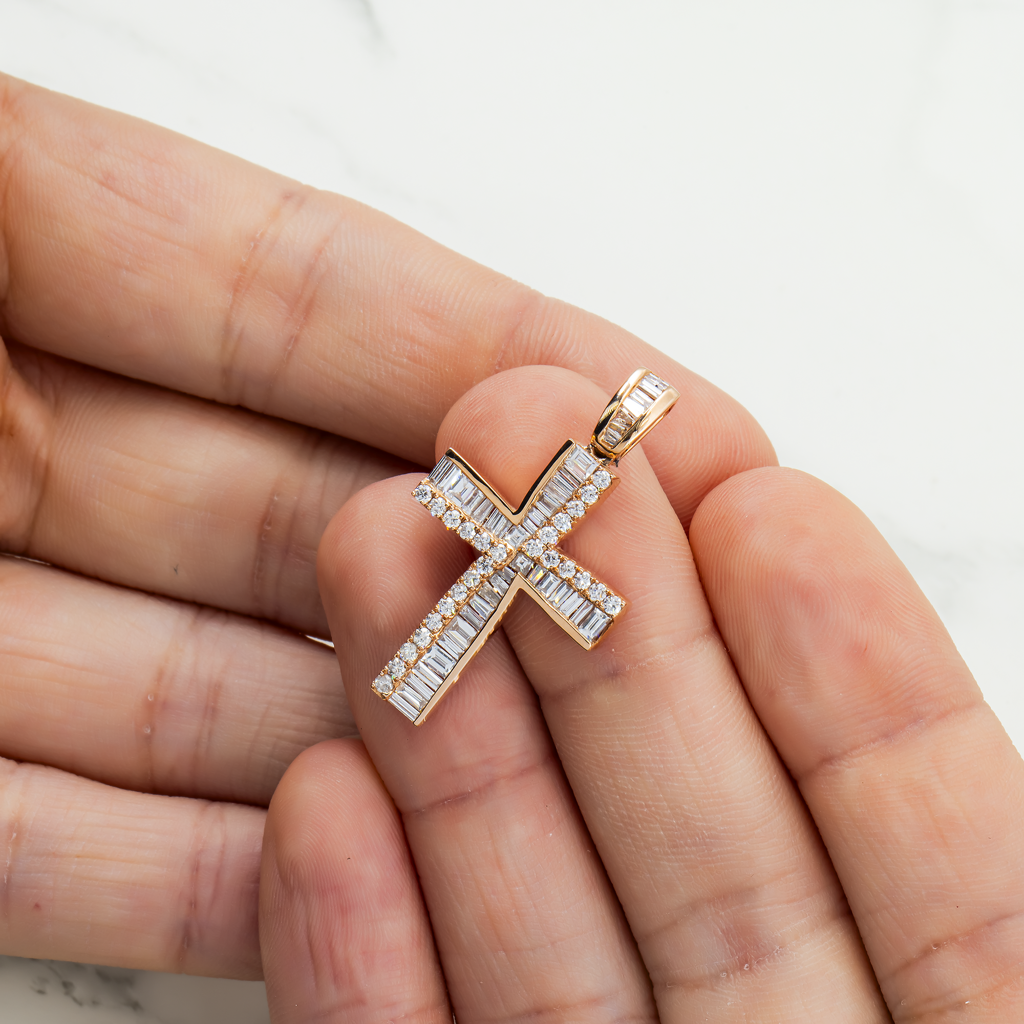 14K Rose Gold Baguette & Round Diamond Cross Pendant 1.14Ct