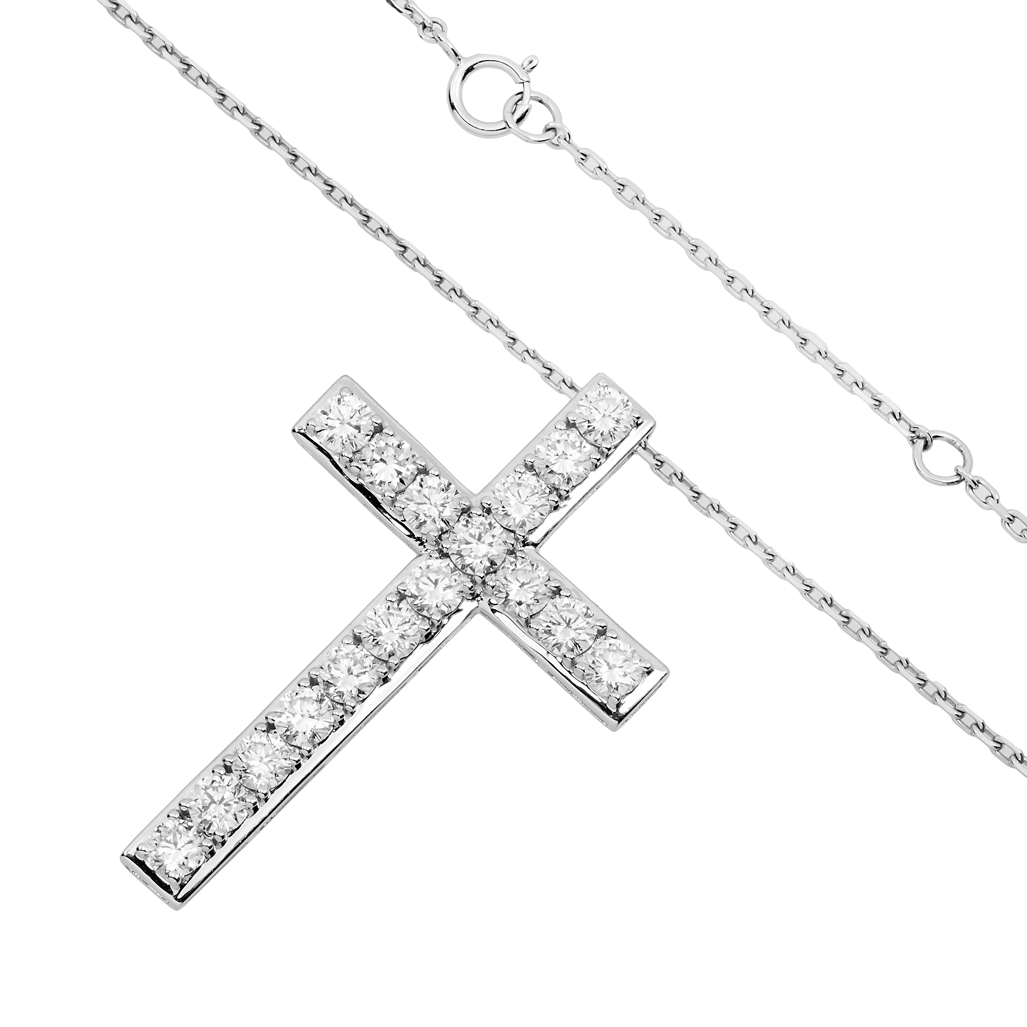 White Gold Roud Diamond Cross Pendant & Chain Necklace 2.48ct
